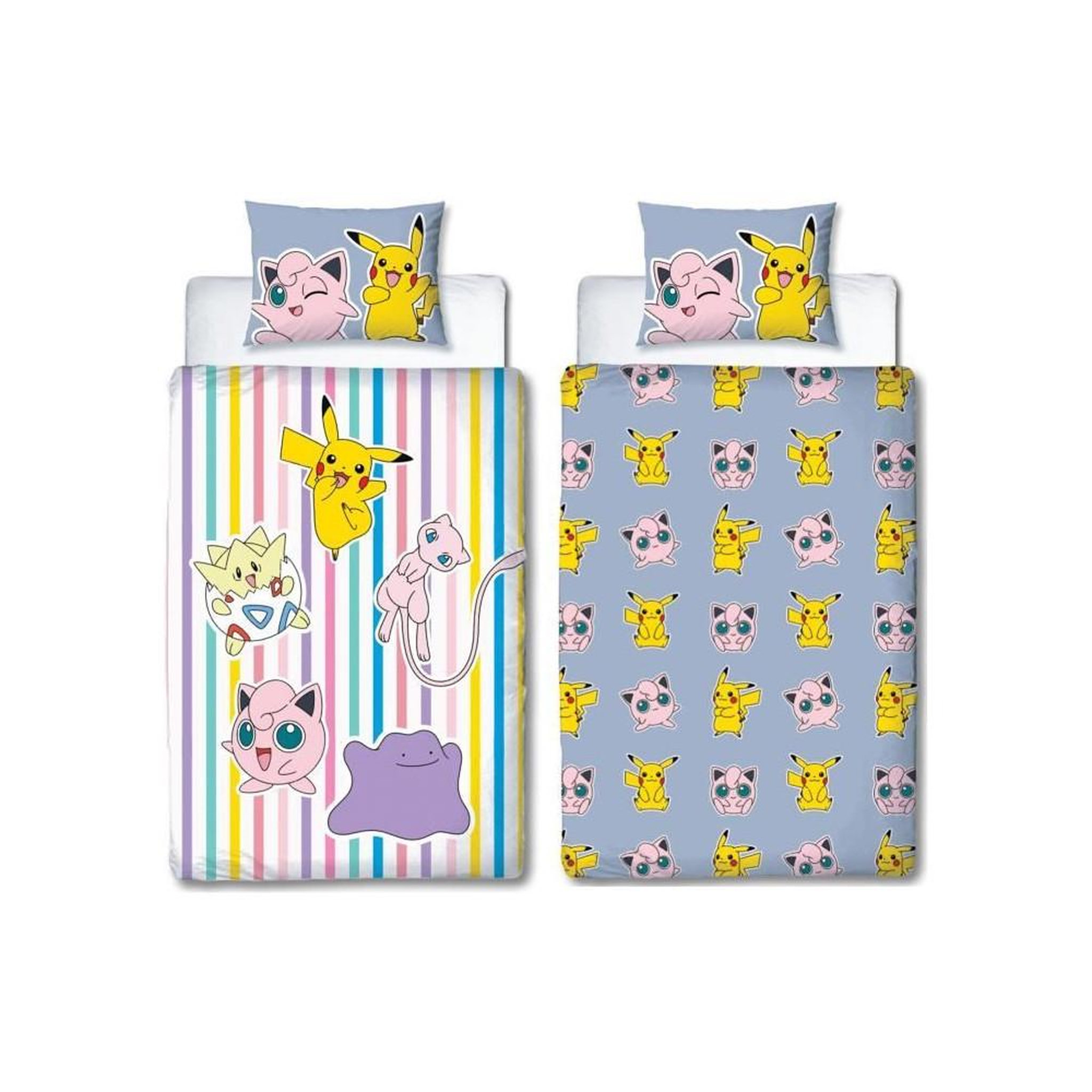 Pokemon Parure de lit réversible - POKEMON - Pikachu, Mew, Togepi, Jigglypuff & Métamorph - Microfibre - 140 x 200 cm + 1 taie 63 x 63