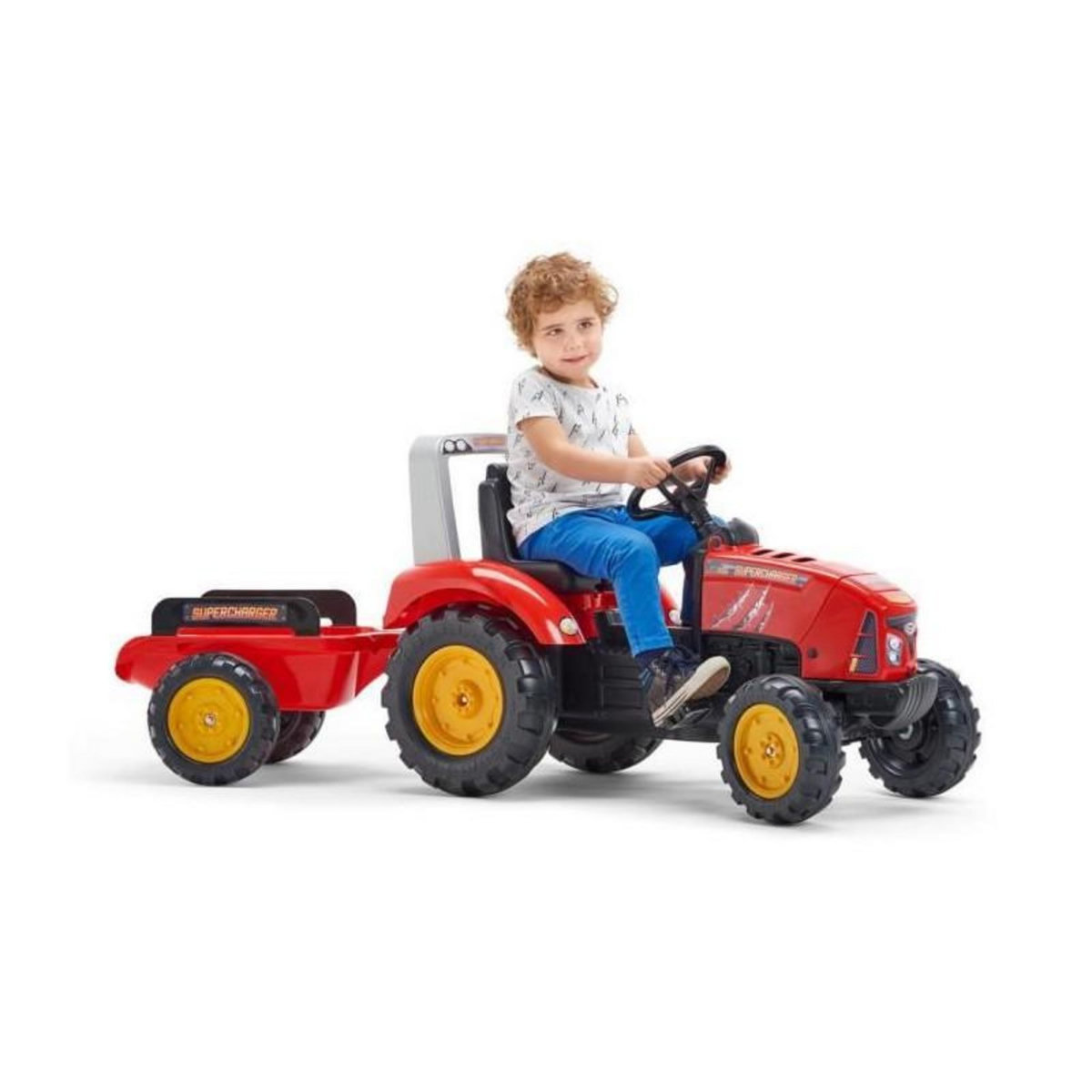 FALK FALK - Tracteur a pedales Supercharger rouge avec capot ouvrant et remorque inclus