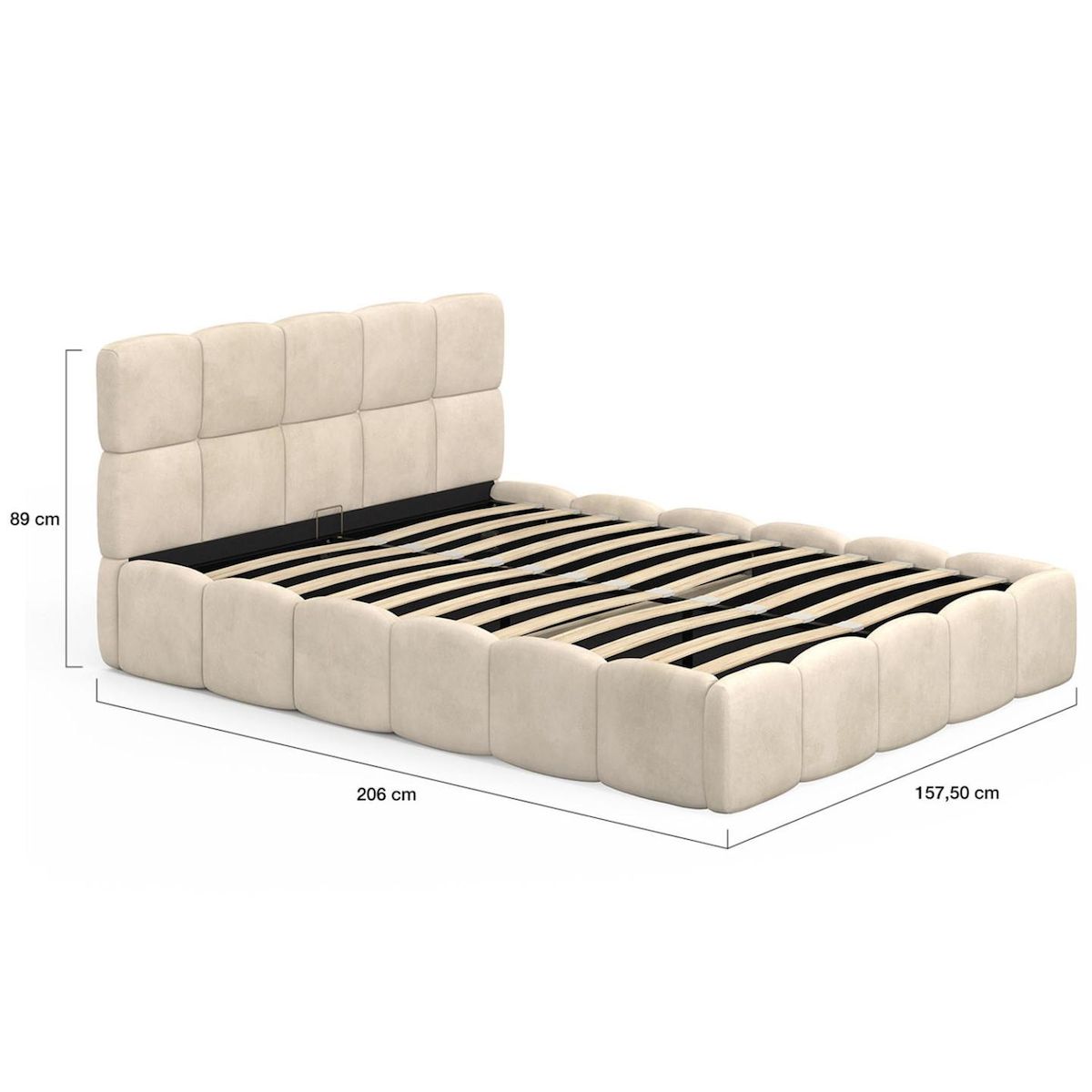 ID MARKET Lit coffre double NUAGE avec tête de lit matelassée et sommier 140 x 190 cm velours beige
