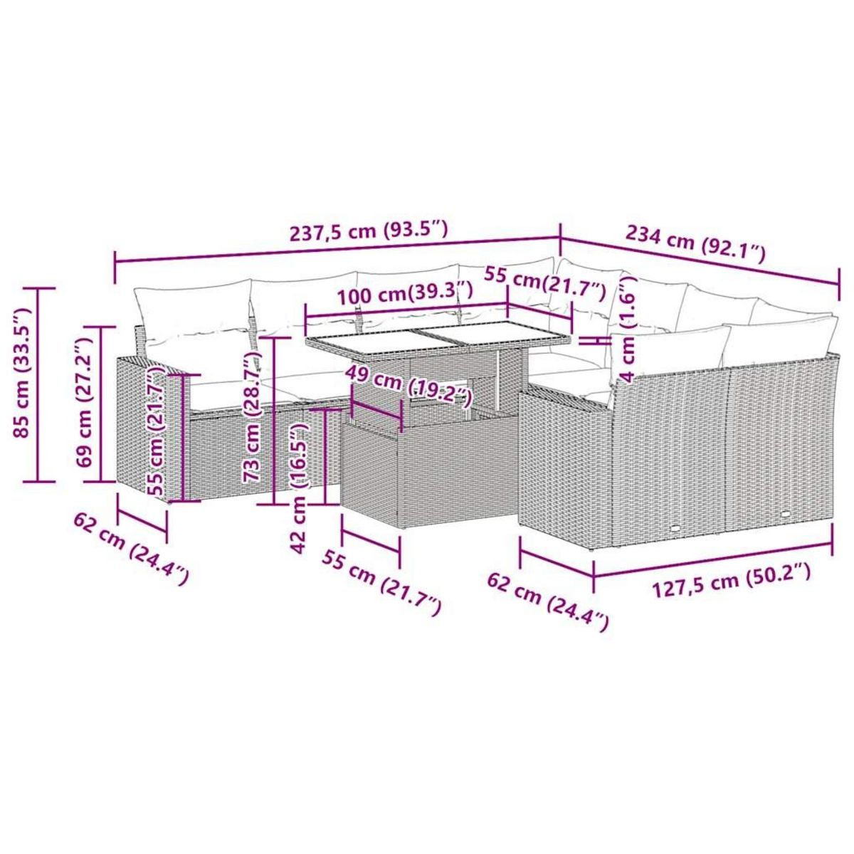 VIDAXL Salon de jardin 9 pcs avec coussins gris resine tressee