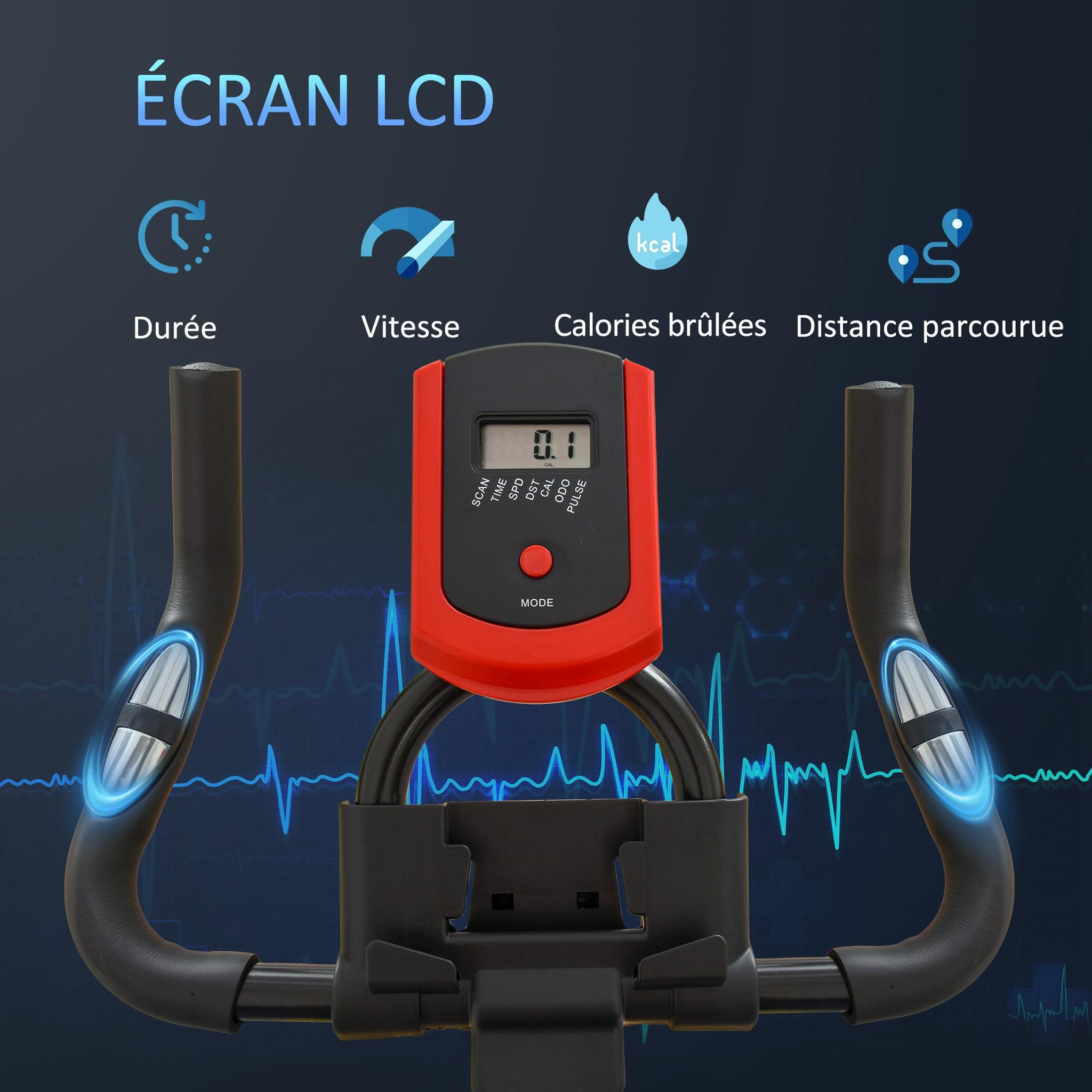 Voir la diapositive 5 : HOMCOM Vélo d'appartement avec écran LCD multifonctions vélo biking cardio training selle et guidon réglables volant inertie 6 Kg acier noir rouge
