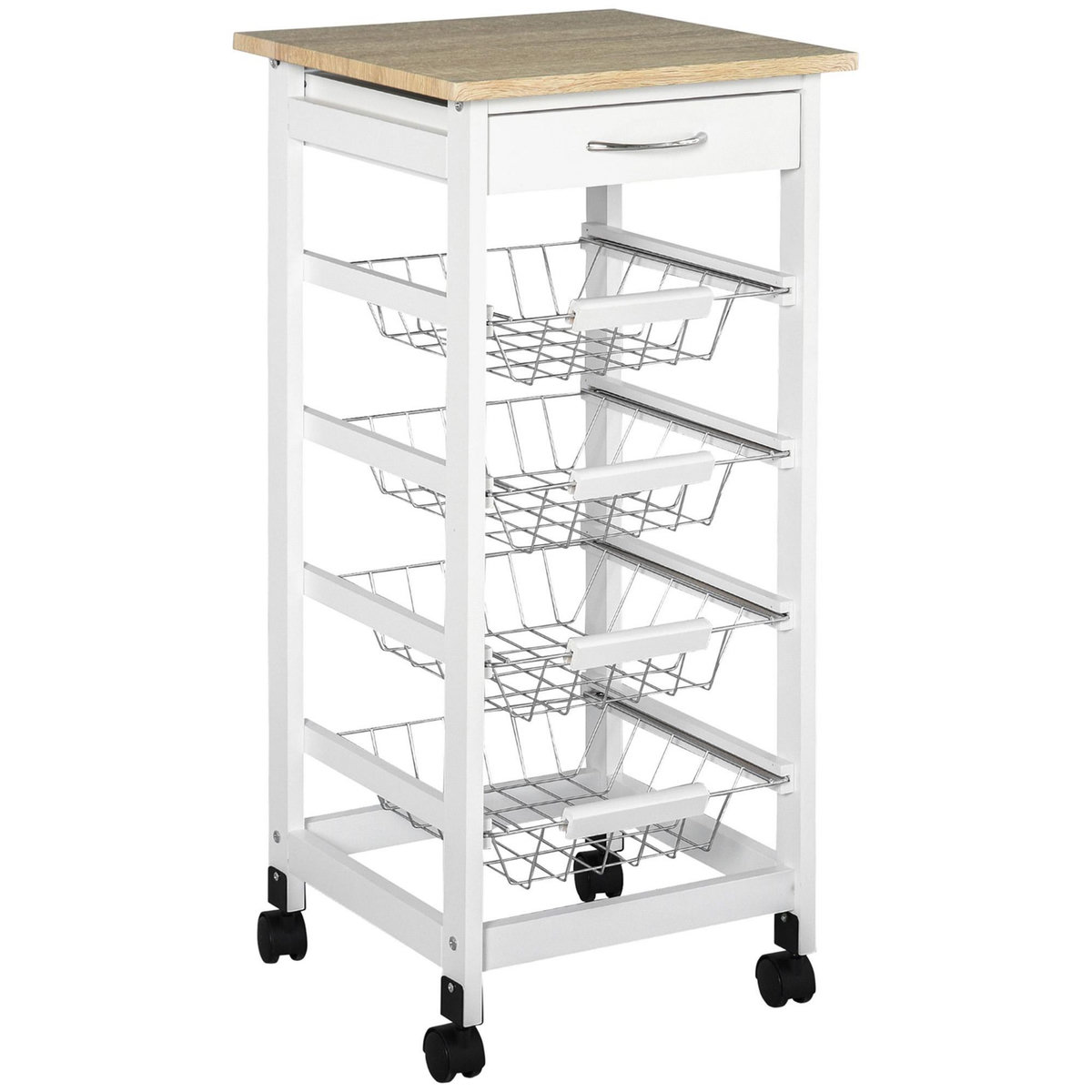 HOMCOM Desserte chariot de cuisine sur roulettes - 4 paniers coulissants, tiroir, plateau - bois blanc MDF bois clair