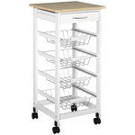 HOMCOM Desserte chariot de cuisine sur roulettes - 4 paniers coulissants, tiroir, plateau - bois blanc MDF bois clair