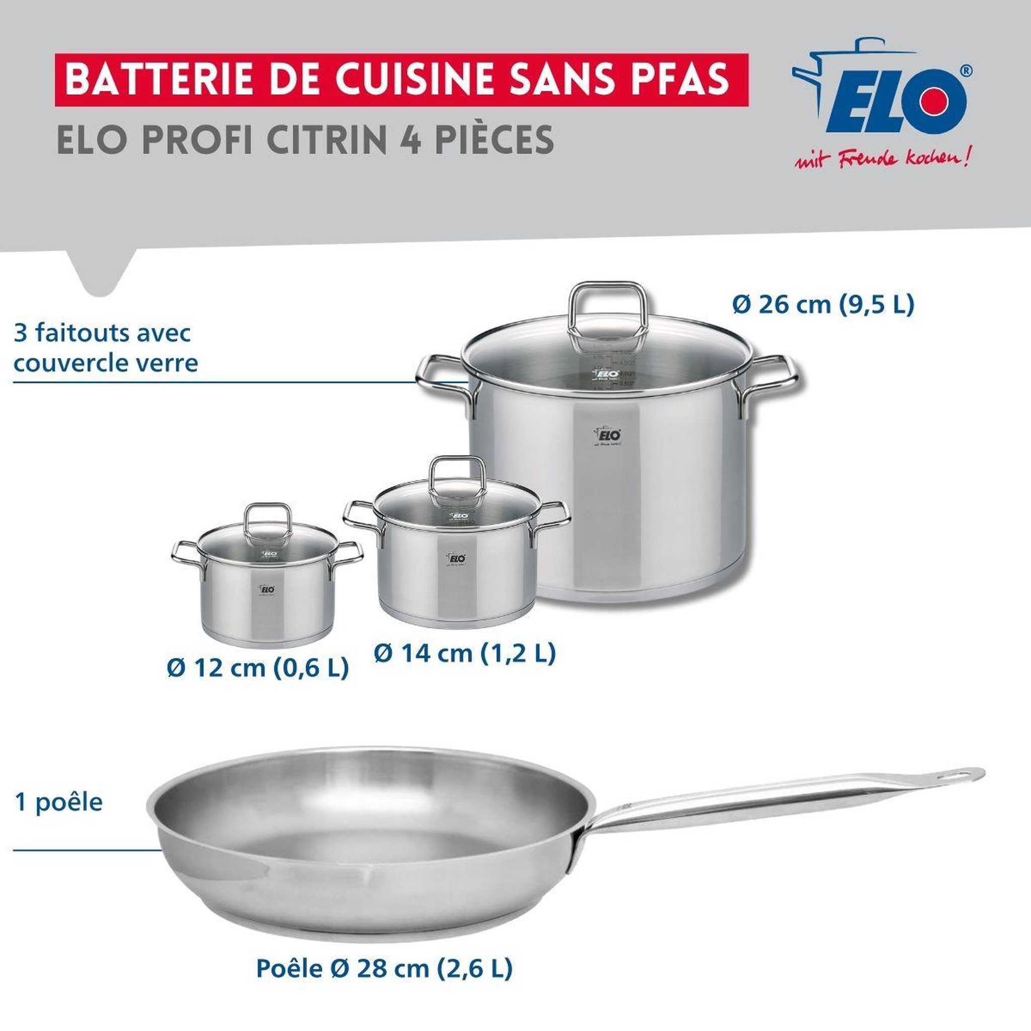 Voir la diapositive 2 : ELO Ensemble de 1 poêle de cuisson 28 cm et 3 faitouts 12, 14 et 26 cm elo profi citrin