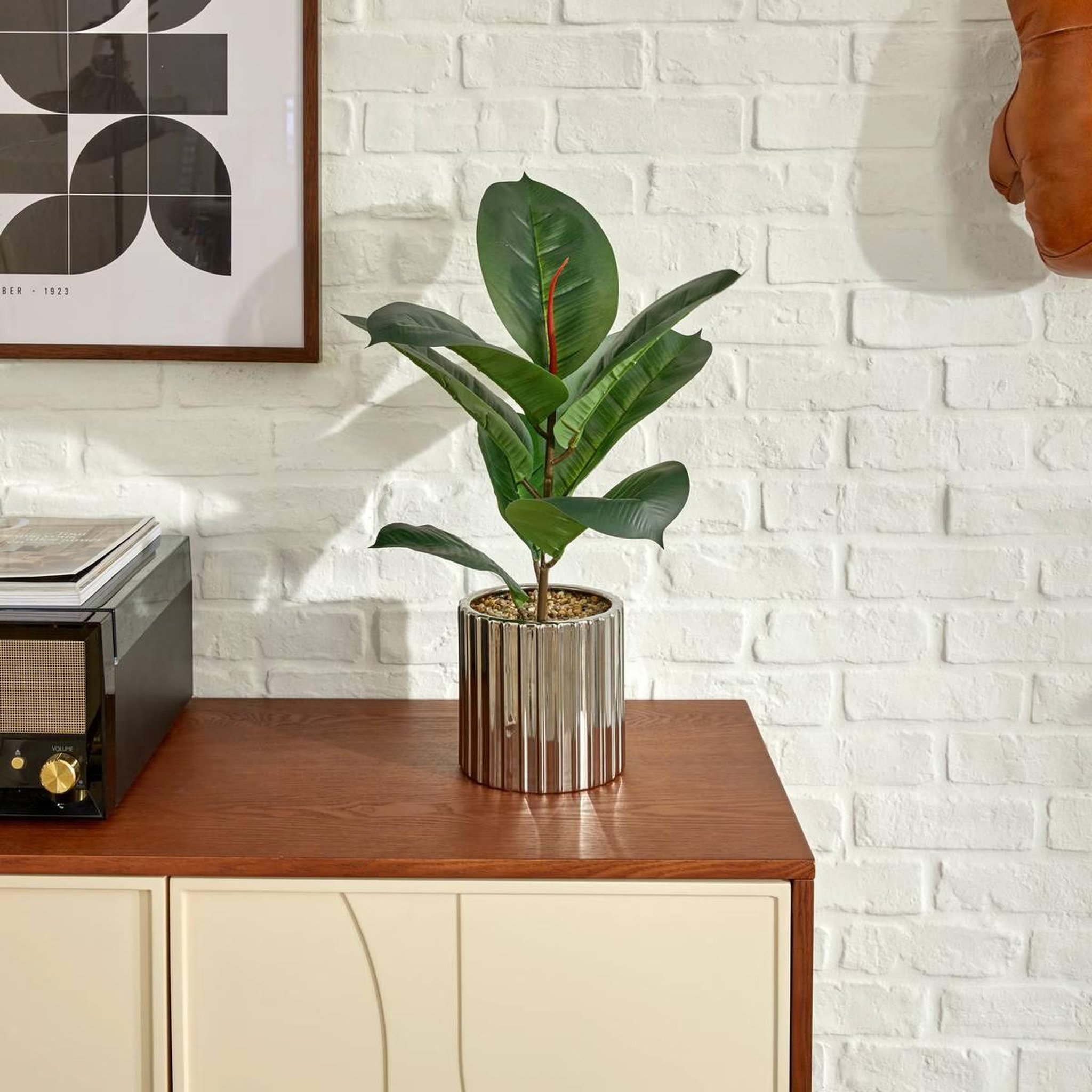 Voir la diapositive 4 : ATMOSPHERA Ficus artificiel en pot  sky  54cm vert & argent