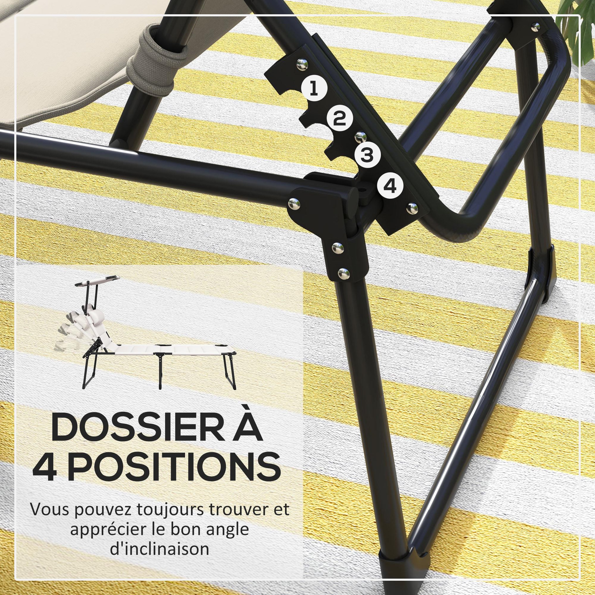 Voir la diapositive 5 : OUTSUNNY Bain de soleil transat inclinable pliable matelassé - pare-soleil, tétière - métal époxy noir tissu blanc cassé