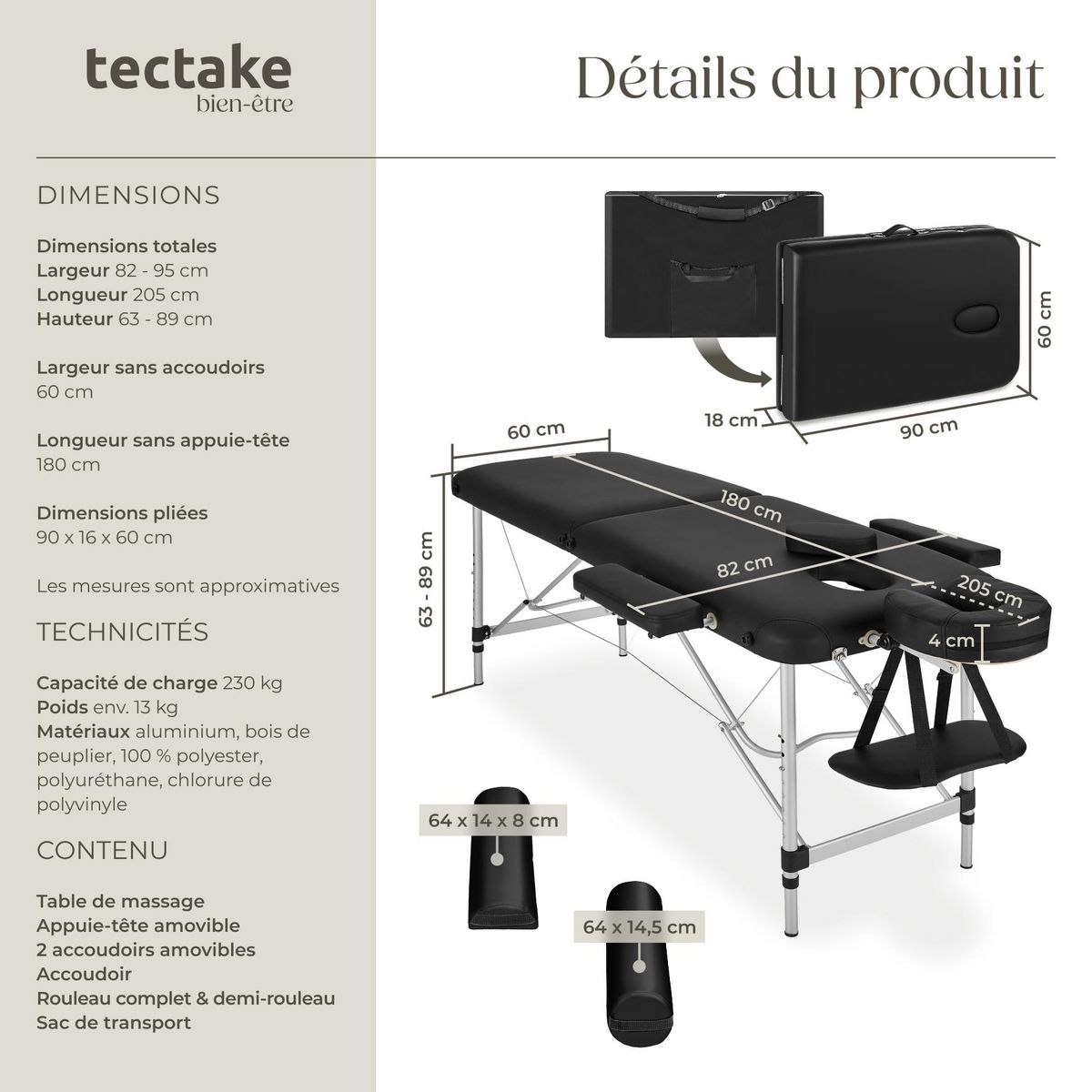 tectake Table de massage portable pliante 2 zones largeur 61 cm et rembourrage de 4 cm noir