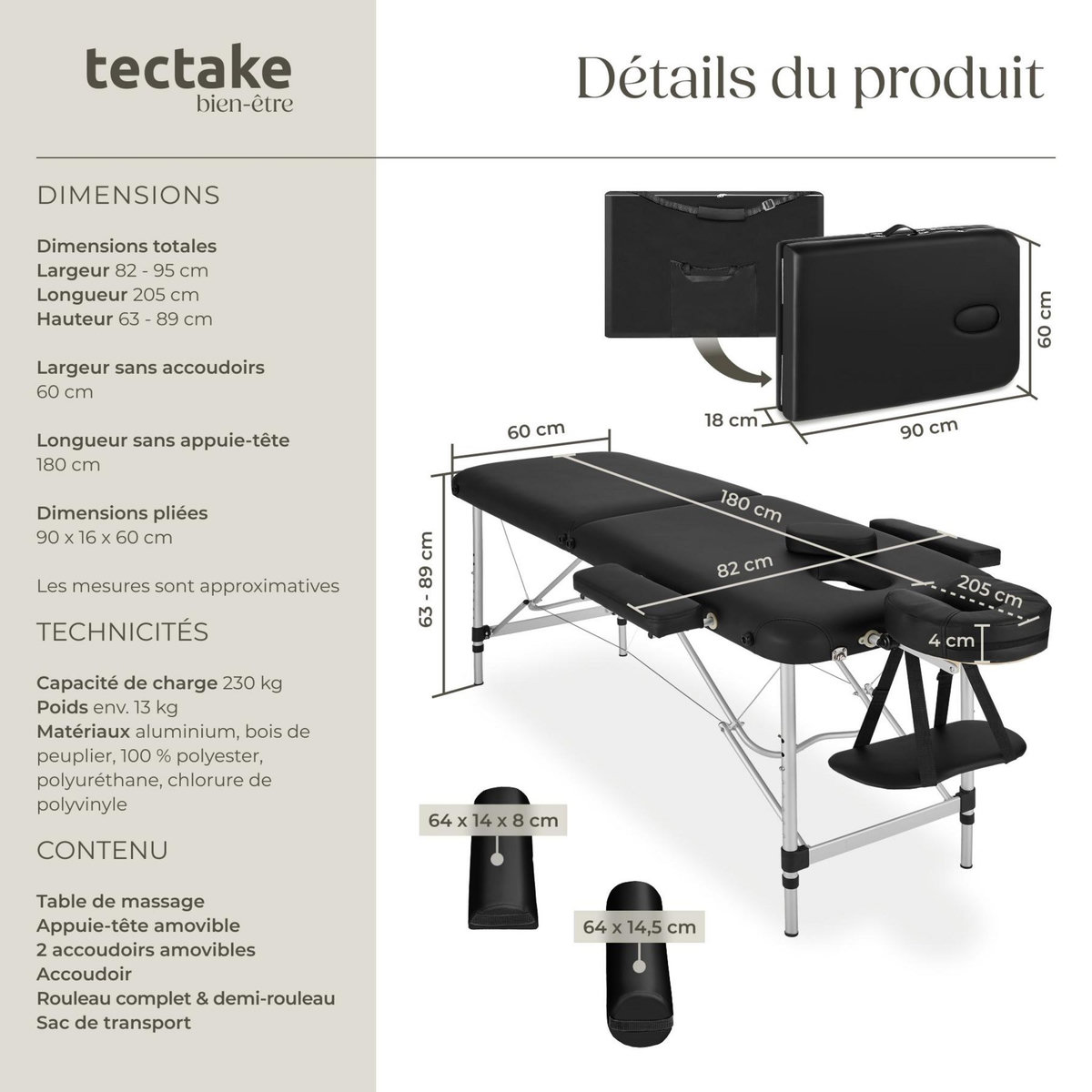 tectake Table de massage portable pliante 2 zones largeur 61 cm et rembourrage de 4 cm noir