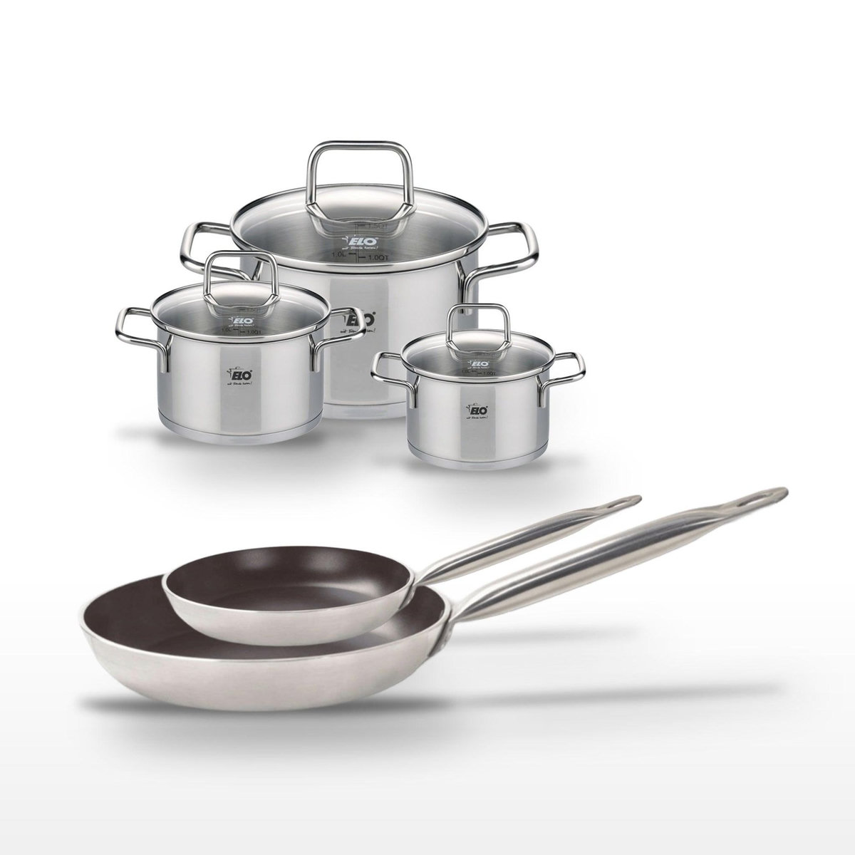 ELO Lot Poêles 24/32 cm avec revêtement céramique sans PFAS et Faitouts 12/14/20 cm Elo Bistro Line Citrin