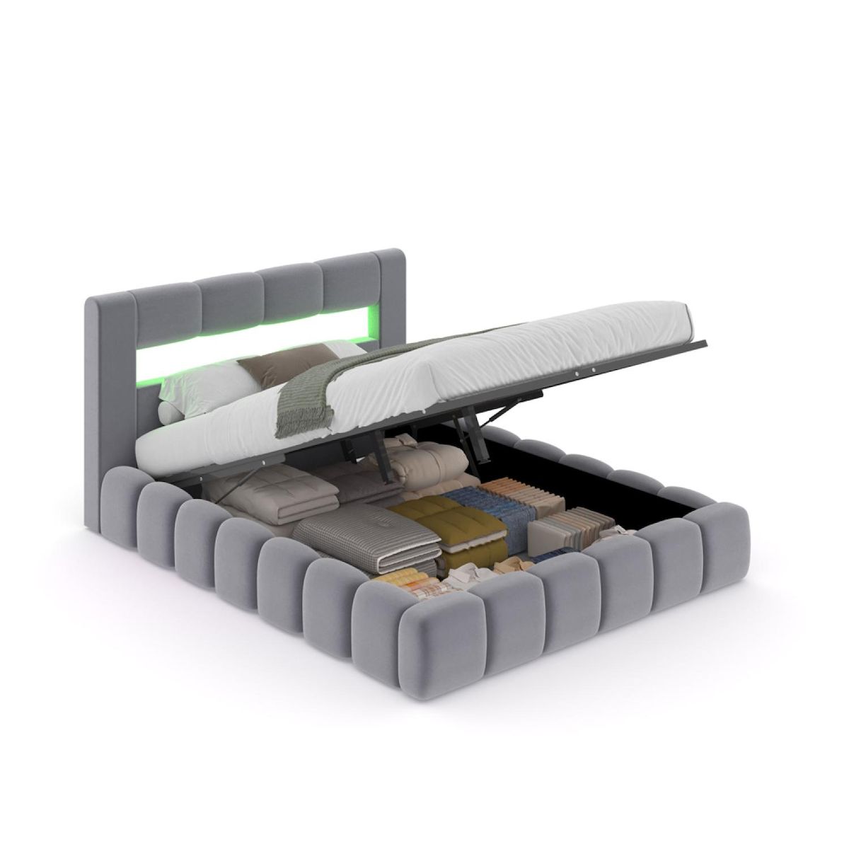 CONCEPT USINE Lit nuage LED avec coffre 180x200cm en velours gris avec tête de lit et sommier OMAHA