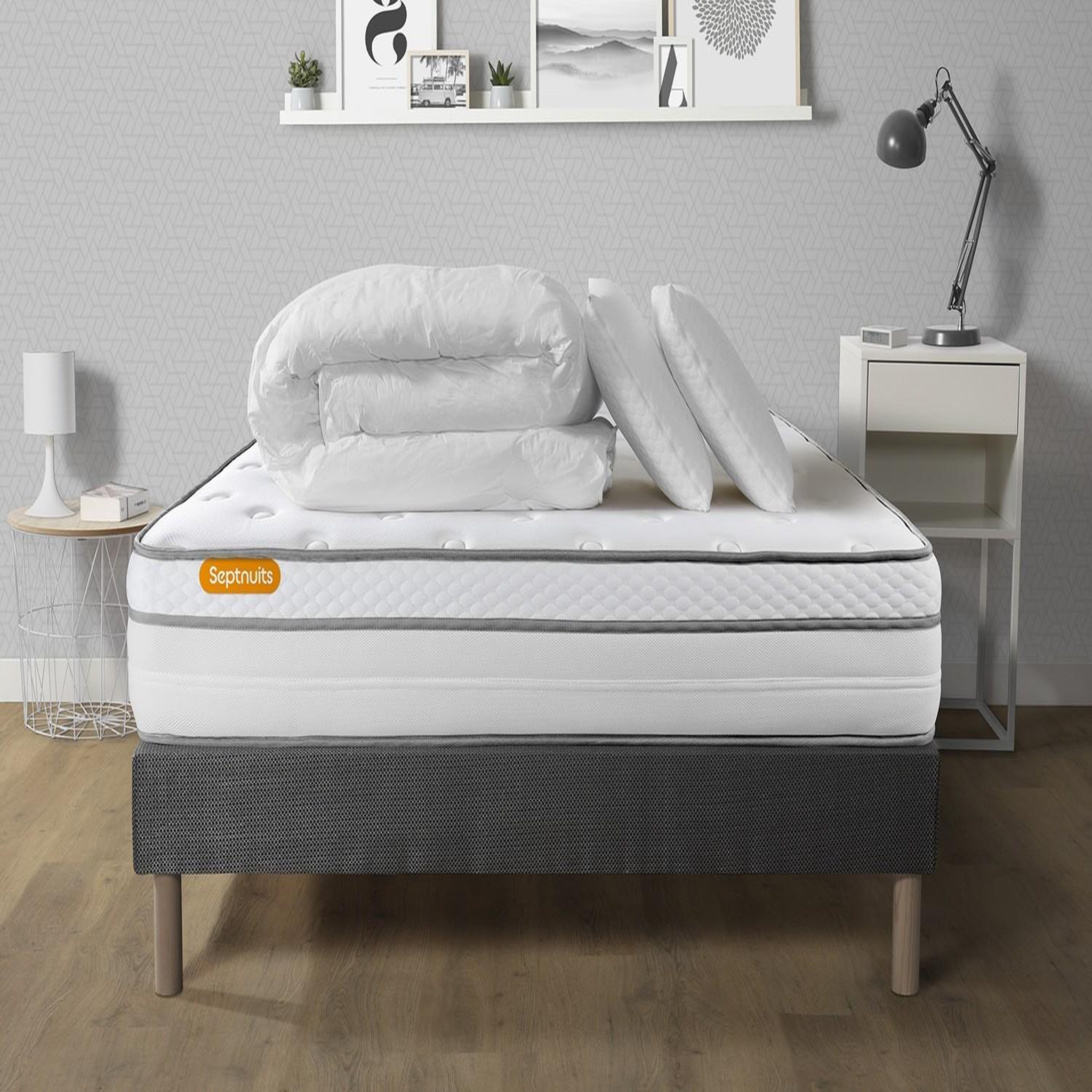 SEPTNUITS Pack matelas + sommier gris Memo Luxe Ressorts ensachés + mémoire de forme 5 zones de confort MAXI épaisseur. Coloris disponibles : Gris
