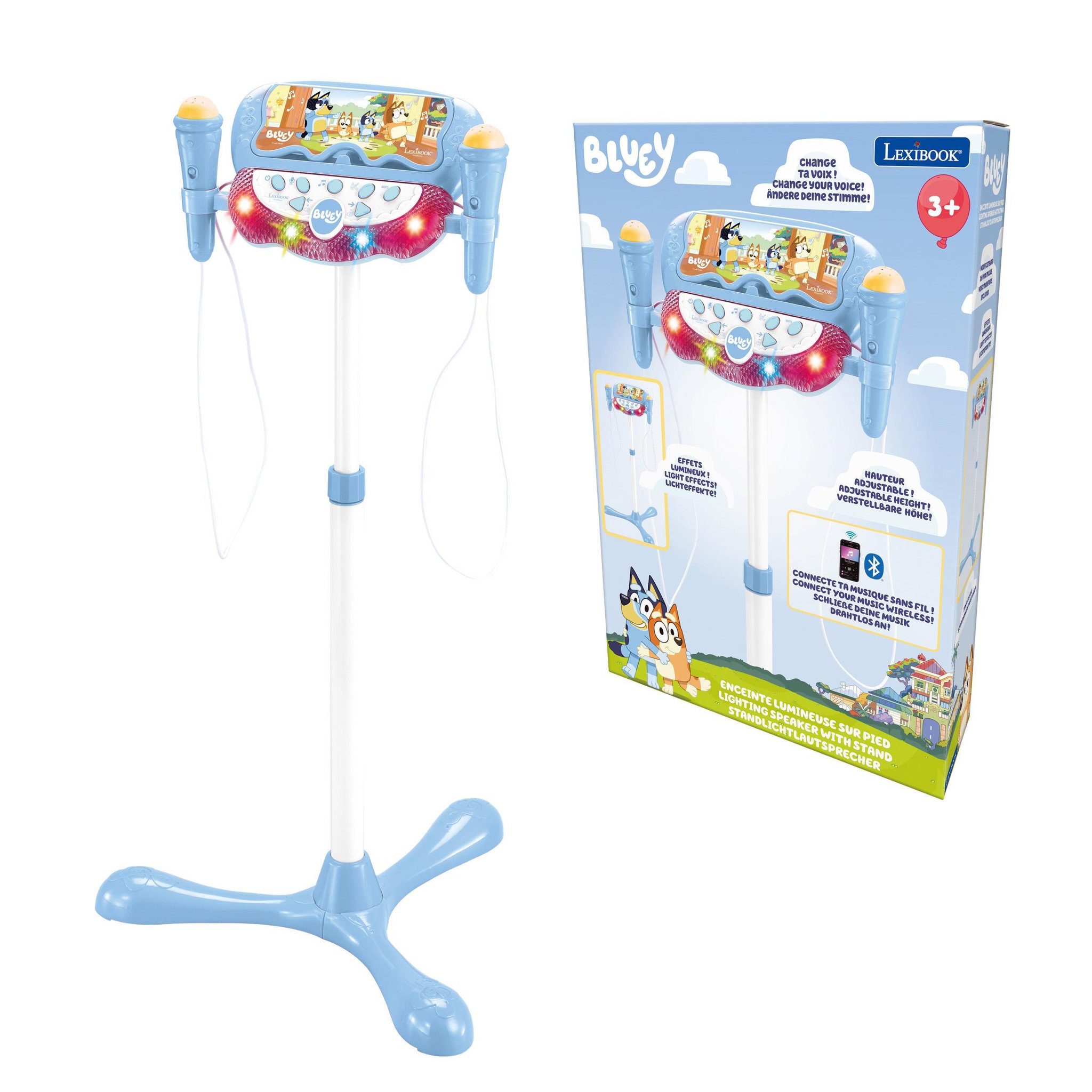 Lexibook Microphone Bluey sur pied ajustable lumineux avec enceinte, 2 Micros et Effets vocaux, Enceinte Bluetooth