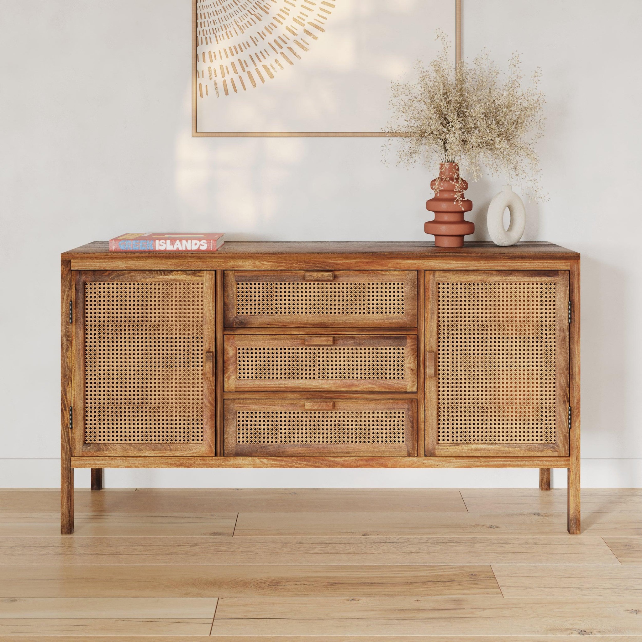Voir la diapositive 2 : MAISON PAVANE Buffet en bois de manguier et cannage 2 portes 3 tiroirs-tiki