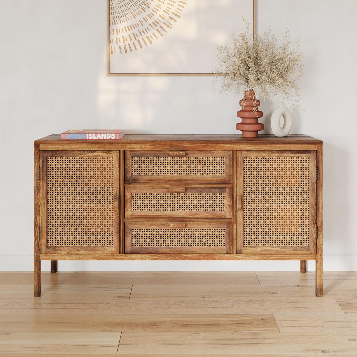 Rendez vous déco Buffet en cannage et bois 2 portes 3 tiroirs-Tiki
