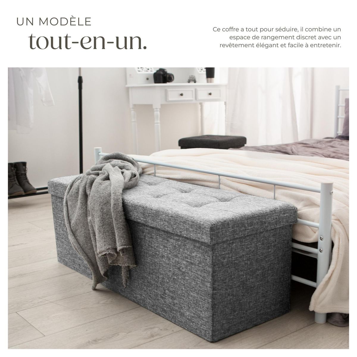 tectake Tabouret avec espace de rangement pliable gris clair