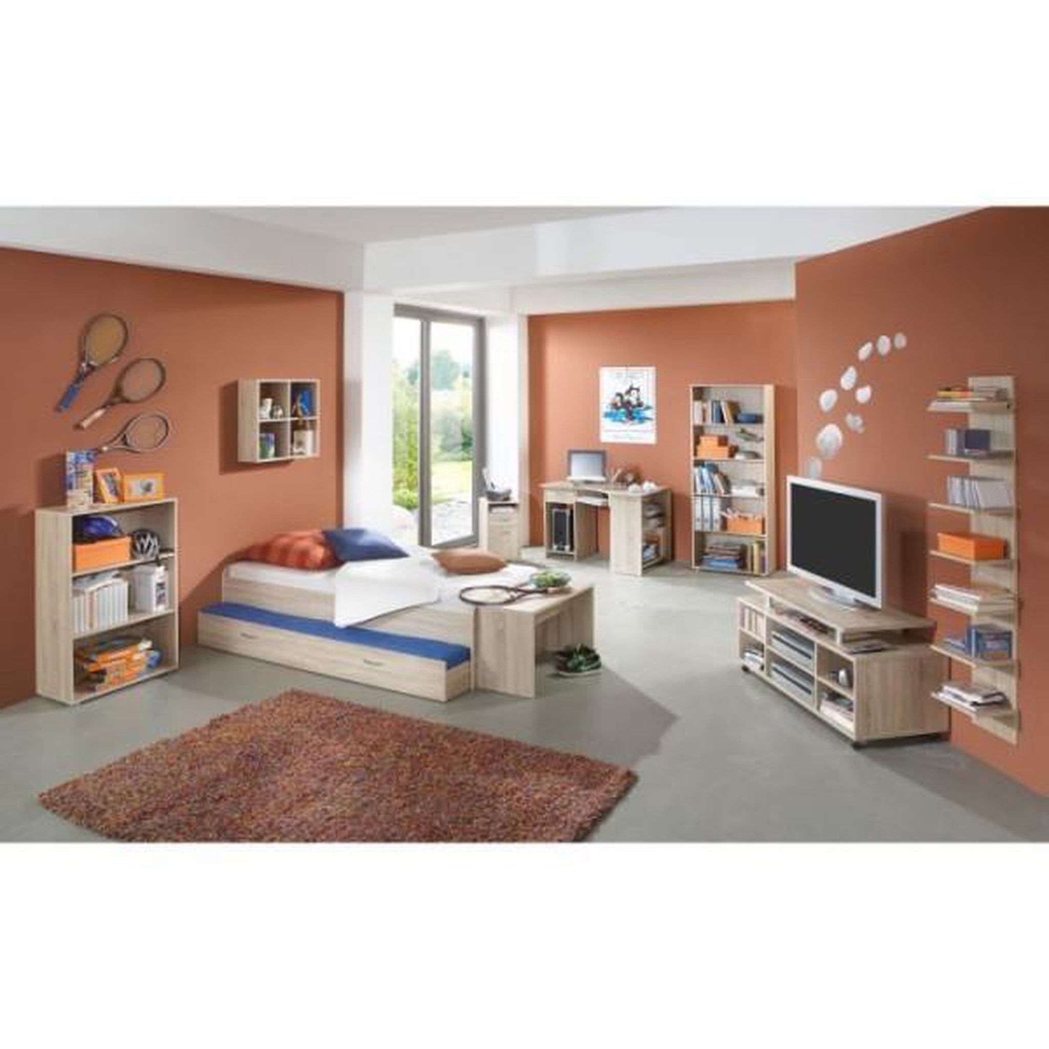 Voir la diapositive 3 : MARKET24 Lit gigogne pour un double couchage - Décor chene - L94,6 x H50,5 x P203 cm - Fabriqué en Allemagne