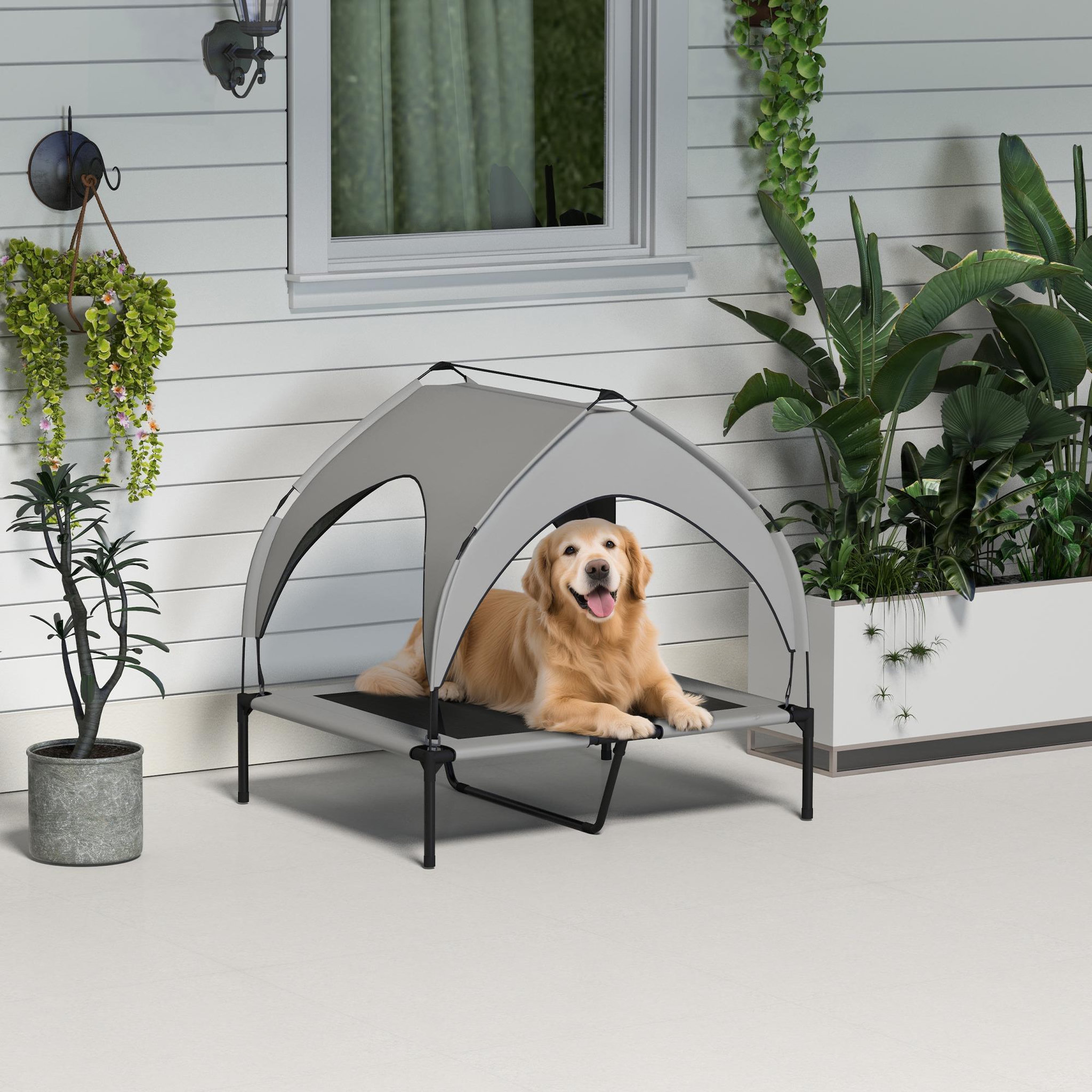 Voir la diapositive 5 : PAWHUT Lit chien surélevé - lit chien sur pieds - velum textilène micro-perforé sac transport gris