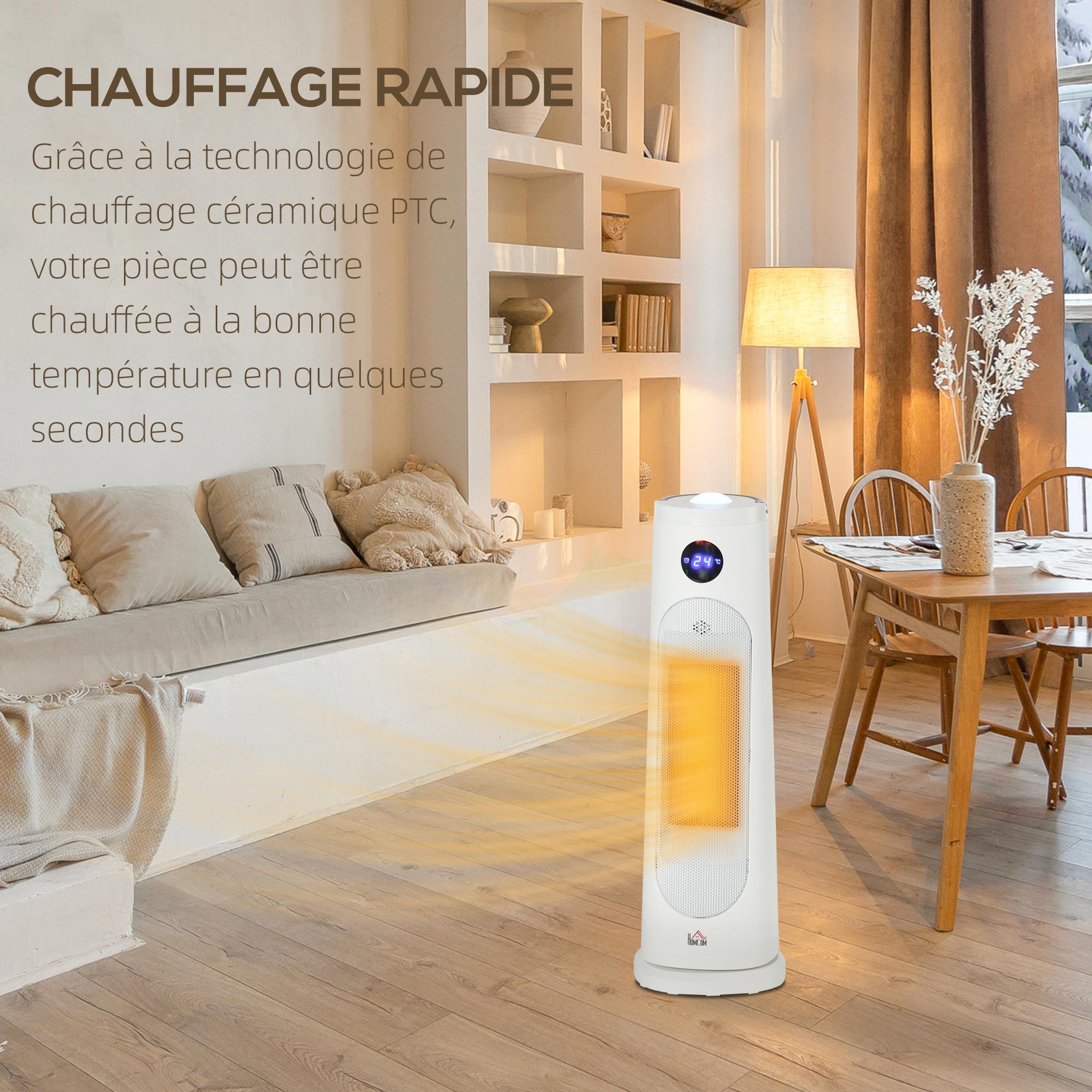 Voir la diapositive 6 : HOMCOM Chauffage d'appoint électrique colonne avec télécommande et timer - chauffage soufflant 1400-2000W - panneau LED - acier plastique noir blanc