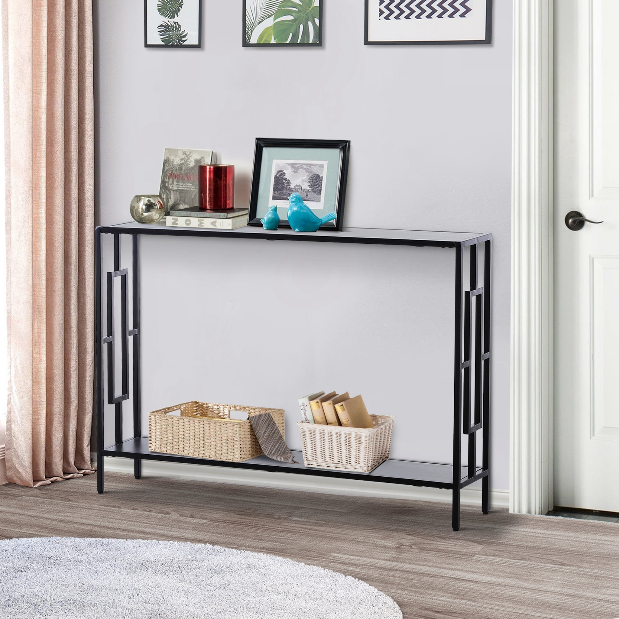 Voir la diapositive 2 : HOMCOM Console table d'appoint design industriel dim. 106L x 23l x 76H cm étagère acier noir panneaux particules bois gris
