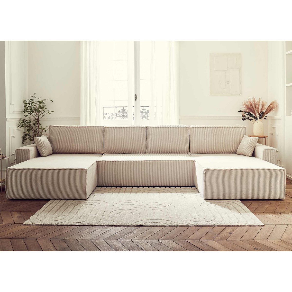 BEST MOBILIER Dellia - canapé panoramique en u - 7 places - convertible - avec coffre - en velours côtelé