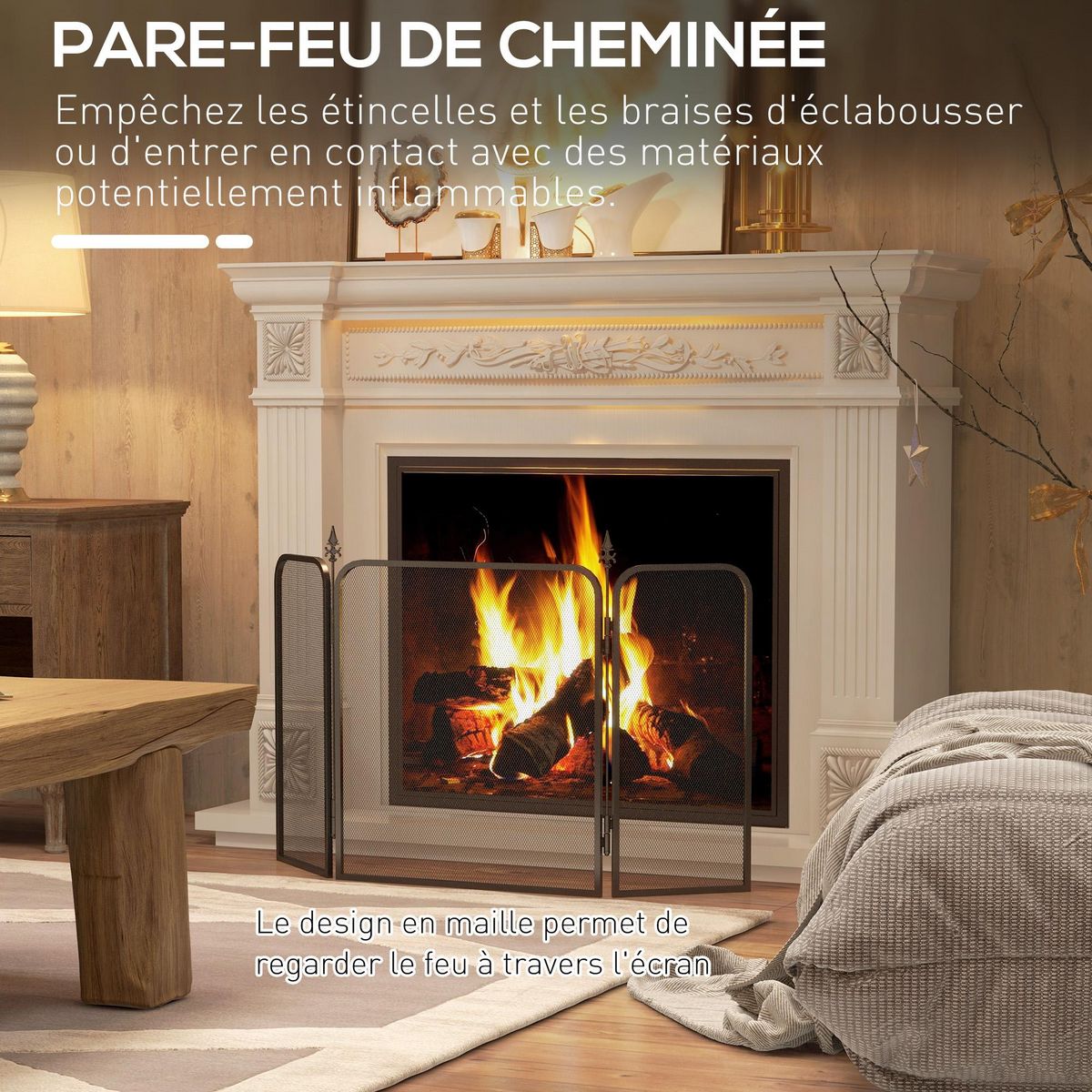 HOMCOM Pare-feu cheminée pliable 3 panneaux style médiéval - pare-étincelles 2 flèches métal maille noir