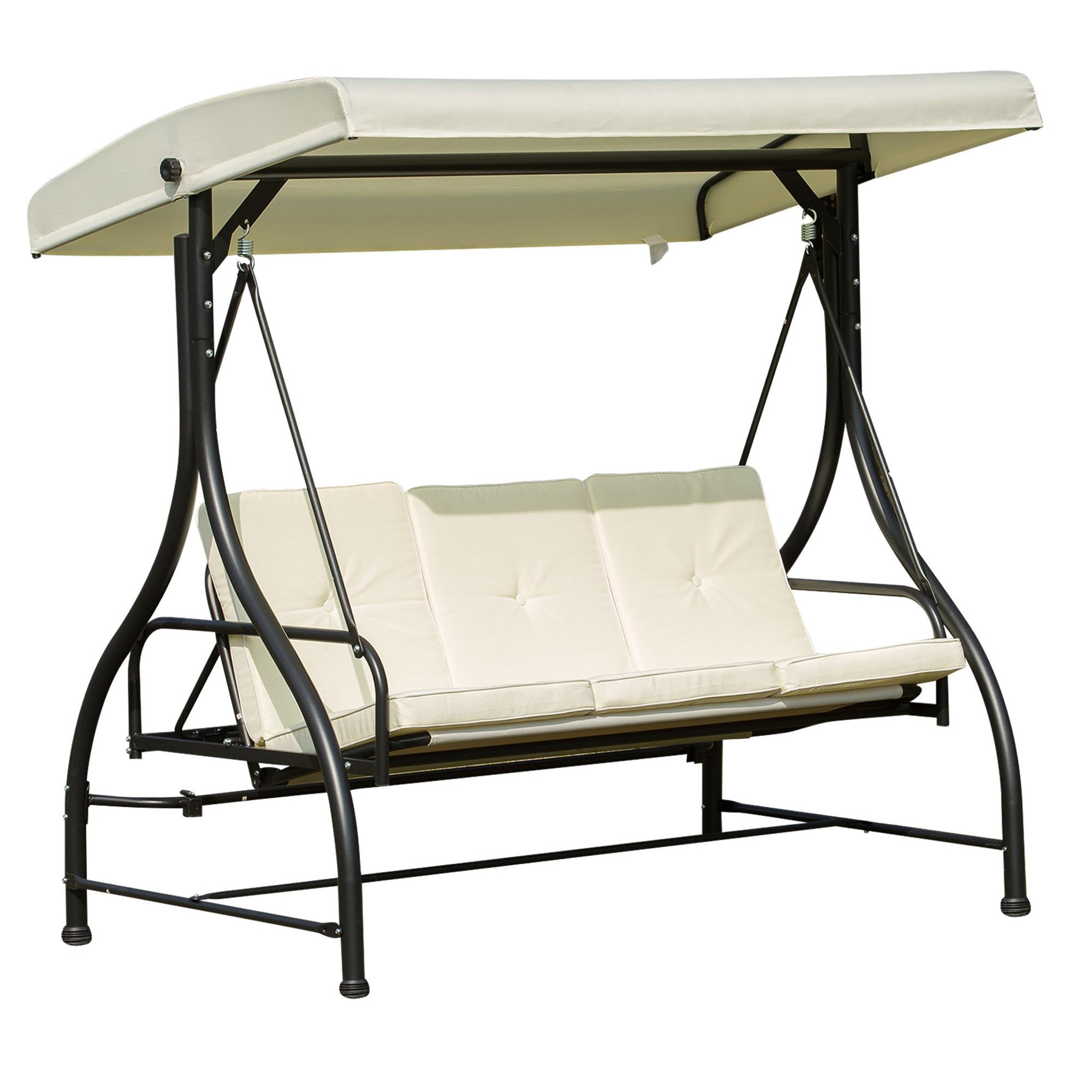 Voir la diapositive 1 : OUTSUNNY Balancelle de jardin 3 places convertible inclinaison toit réglable matelas grand confort rembourrage 8 cm fourni 1,96L x 1,17l x 1,78H m métal époxy noir crème