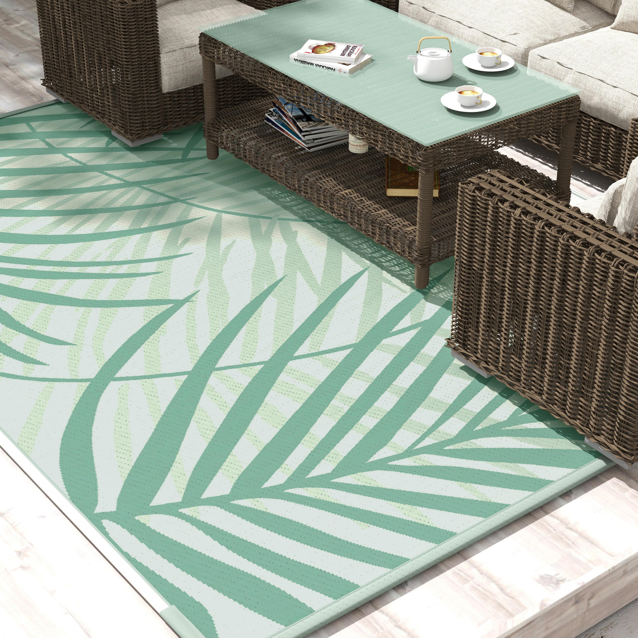 Voir la diapositive 2 : OUTSUNNY Tapis d'extérieur réversible imperméable dim. 365L x 274l cm motif feuillage sac transport motif feuillage PP vert crème