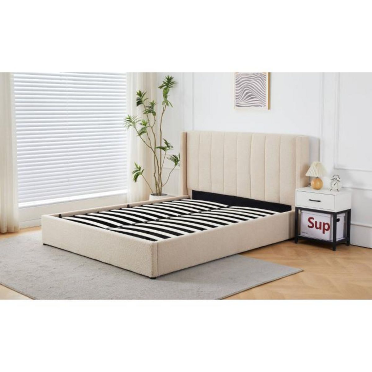 Paris Prix Lit Double Coffre Tissu Bouclette  Somia  180x200cm Crème