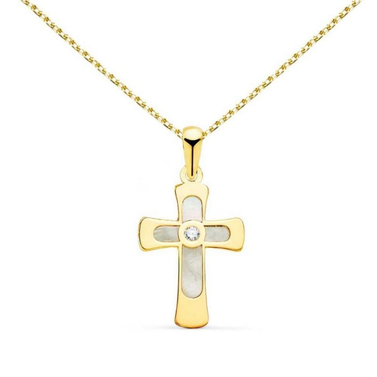 L'ATELIER D'AZUR Collier - Médaille Croix Or 18 Carats 750/000 Jaune et Nacre - Chaine Dorée
