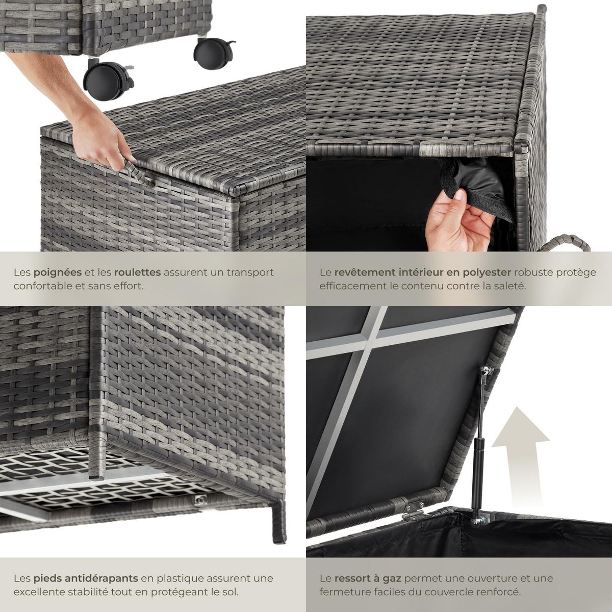 tectake Coffre de jardin caisse de rangement pour coussins 297 l, avec cadre en aluminium et tressage en rotin gris