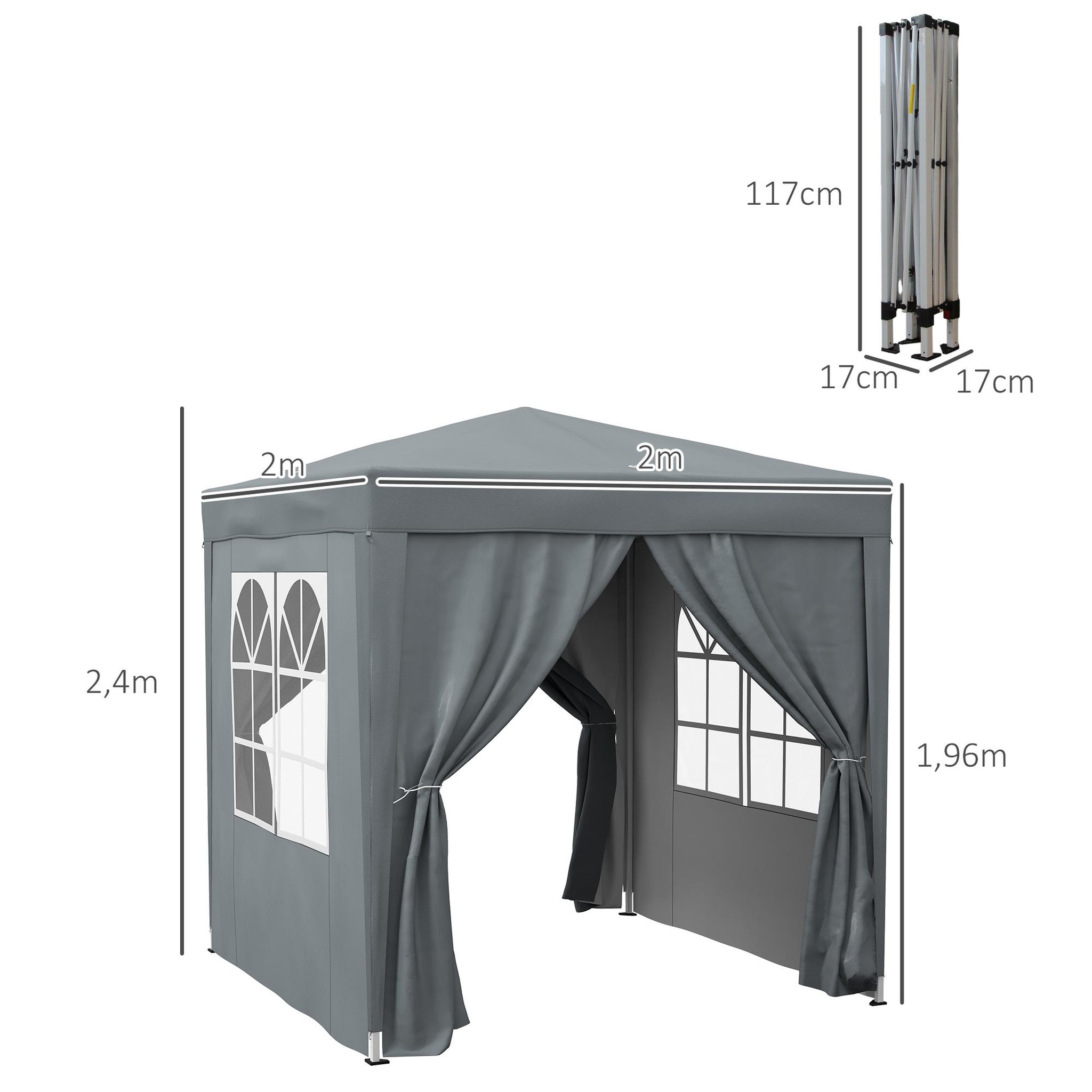 Voir la diapositive 3 : OUTSUNNY Tonnelle de jardin tente pliante barnum pop-up 2 x 2 m 4 parois latérales amovibles 2 fenêtres sac de transport gris
