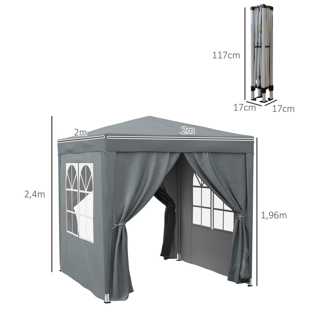 OUTSUNNY Tonnelle de jardin tente pliante barnum pop-up 2 x 2 m 4 parois latérales amovibles 2 fenêtres sac de transport gris