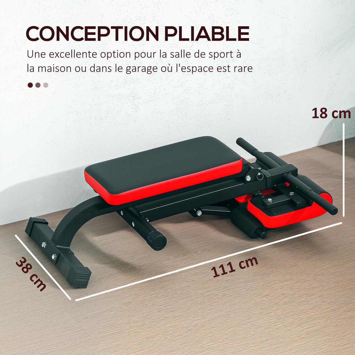 HOMCOM Banc de musculation 150L x 150l x 76H cm hauteur coussin abdominal réglable 7 niveaux dossier rembourré acier noir rouge