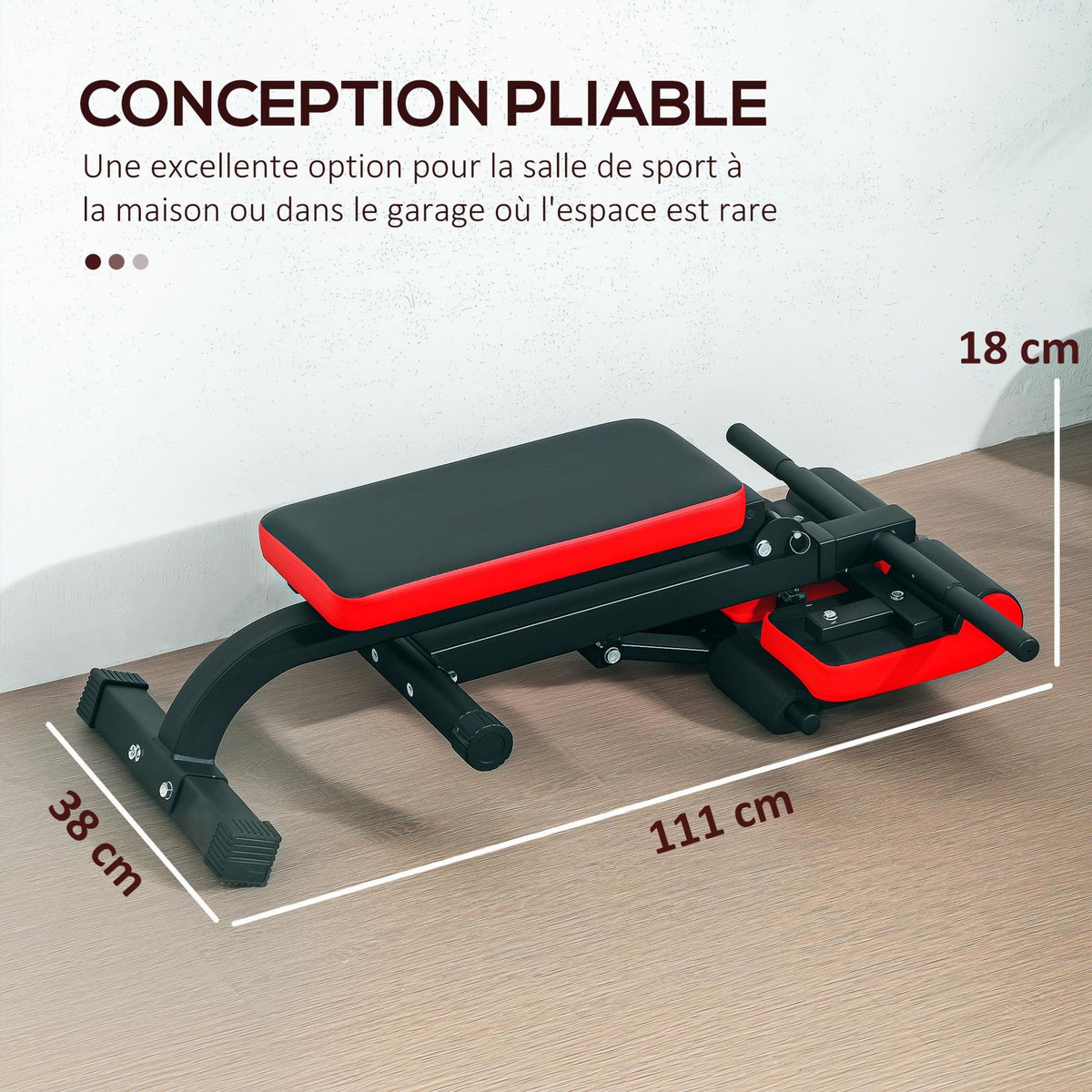 HOMCOM Banc de musculation 150L x 150l x 76H cm hauteur coussin abdominal réglable 7 niveaux dossier rembourré acier noir rouge