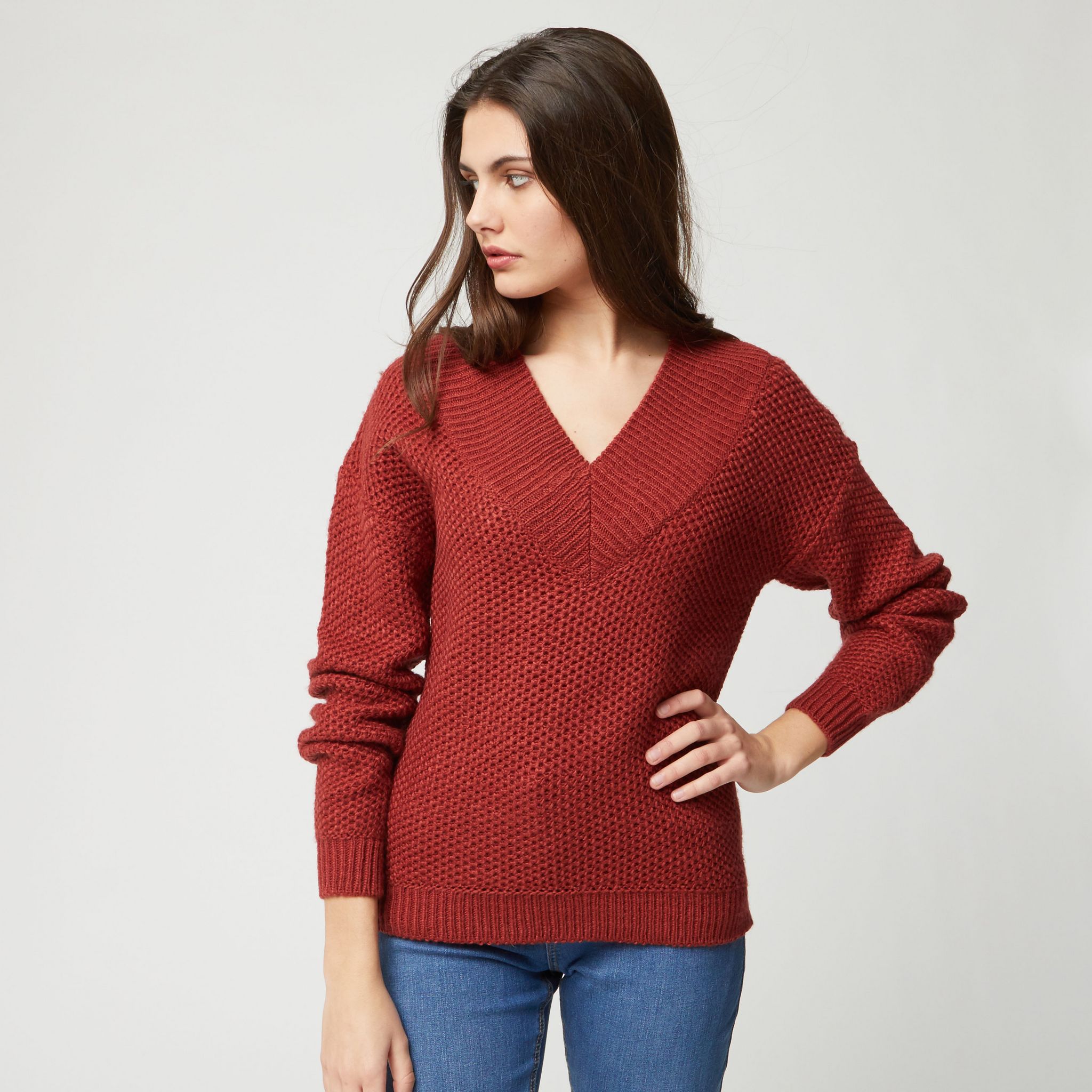 INEXTENSO Pull col v rouge brique femme pas cher - Auchan.fr