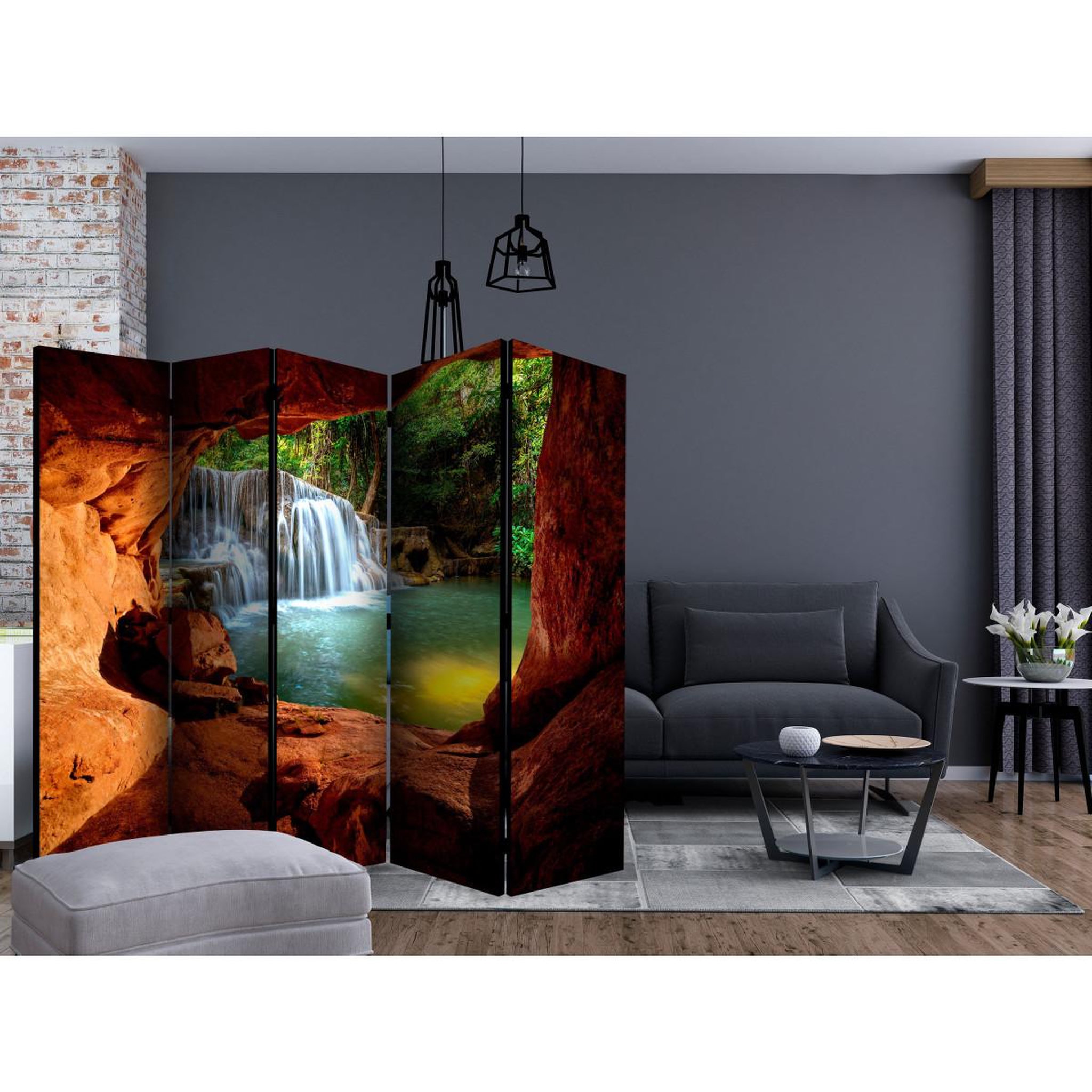 Voir la diapositive 2 : Paris Prix Paravent 5 volets  cave : forest waterfall  172x225cm