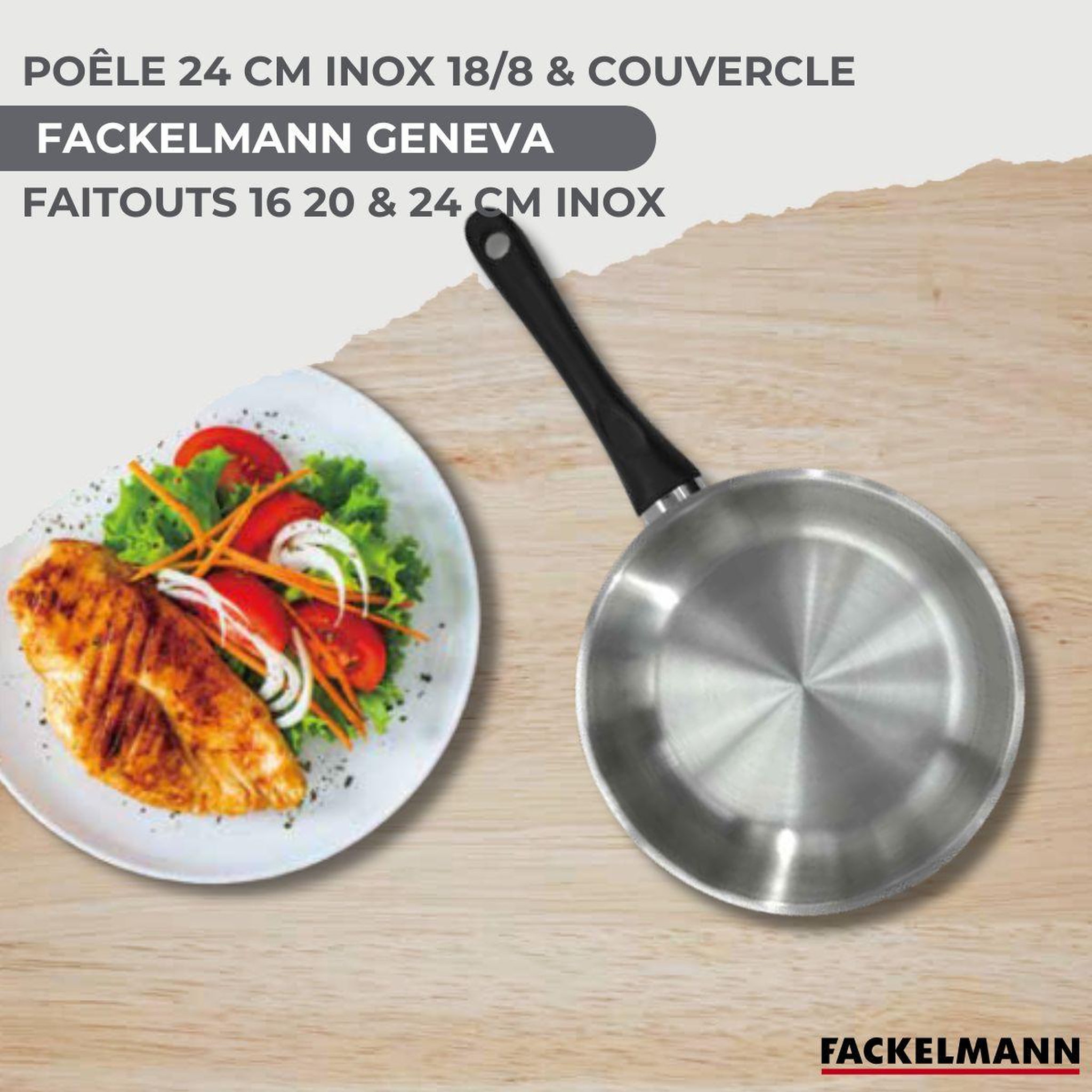 Voir la diapositive 2 : Fackelmann Batterie de cuisine généva brillant vario : 3 faitouts 16/20/24 cm et 1 poêle 24 cm avec 6 ustensiles de cuisine couvercles inclus fackelmann généva brillant vario avec couvercles