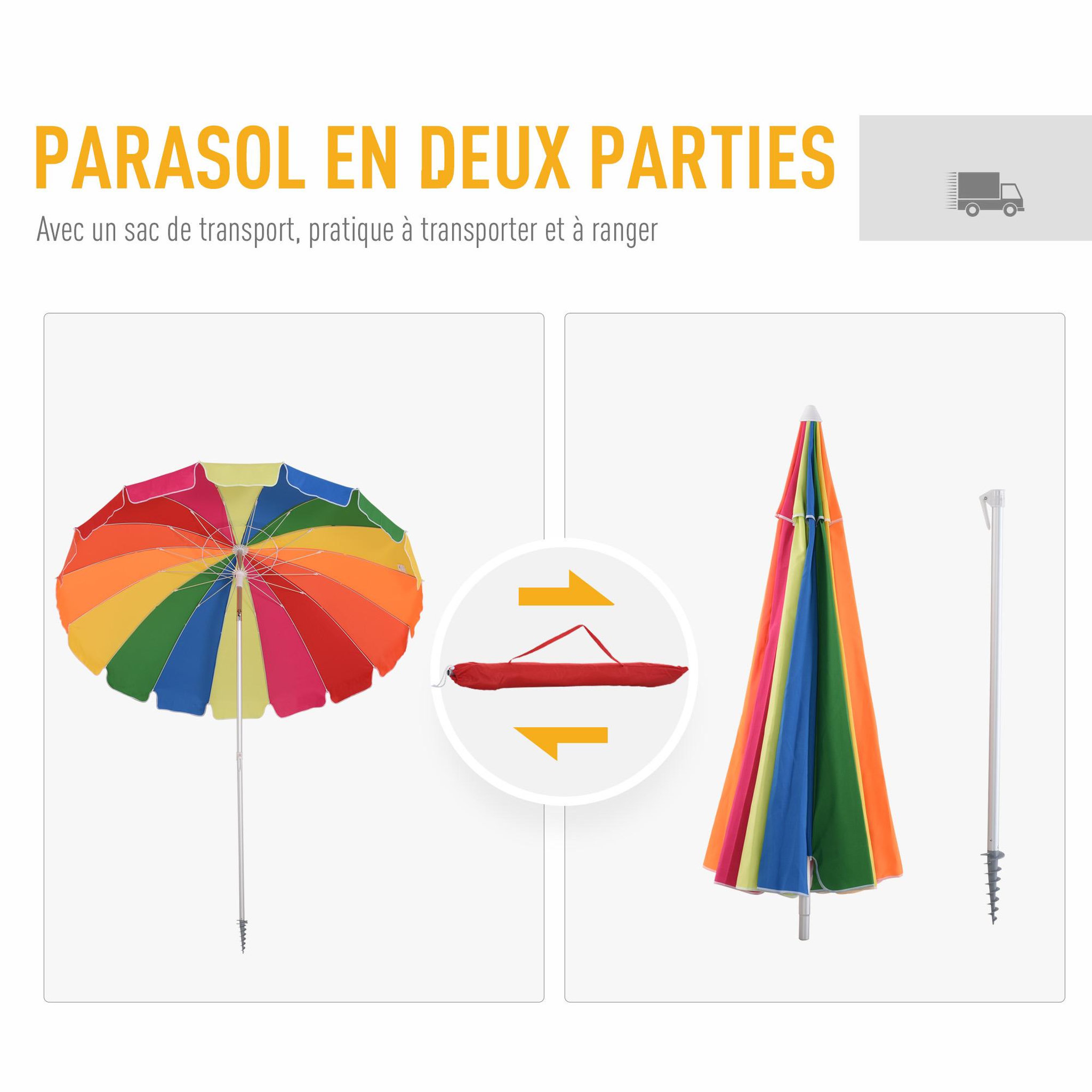 Voir la diapositive 5 : OUTSUNNY Parasol inclinable rond Ø 220 cm tissu polyester haute densité anti-UV mât démontable alu sac de transport inclu multicolore