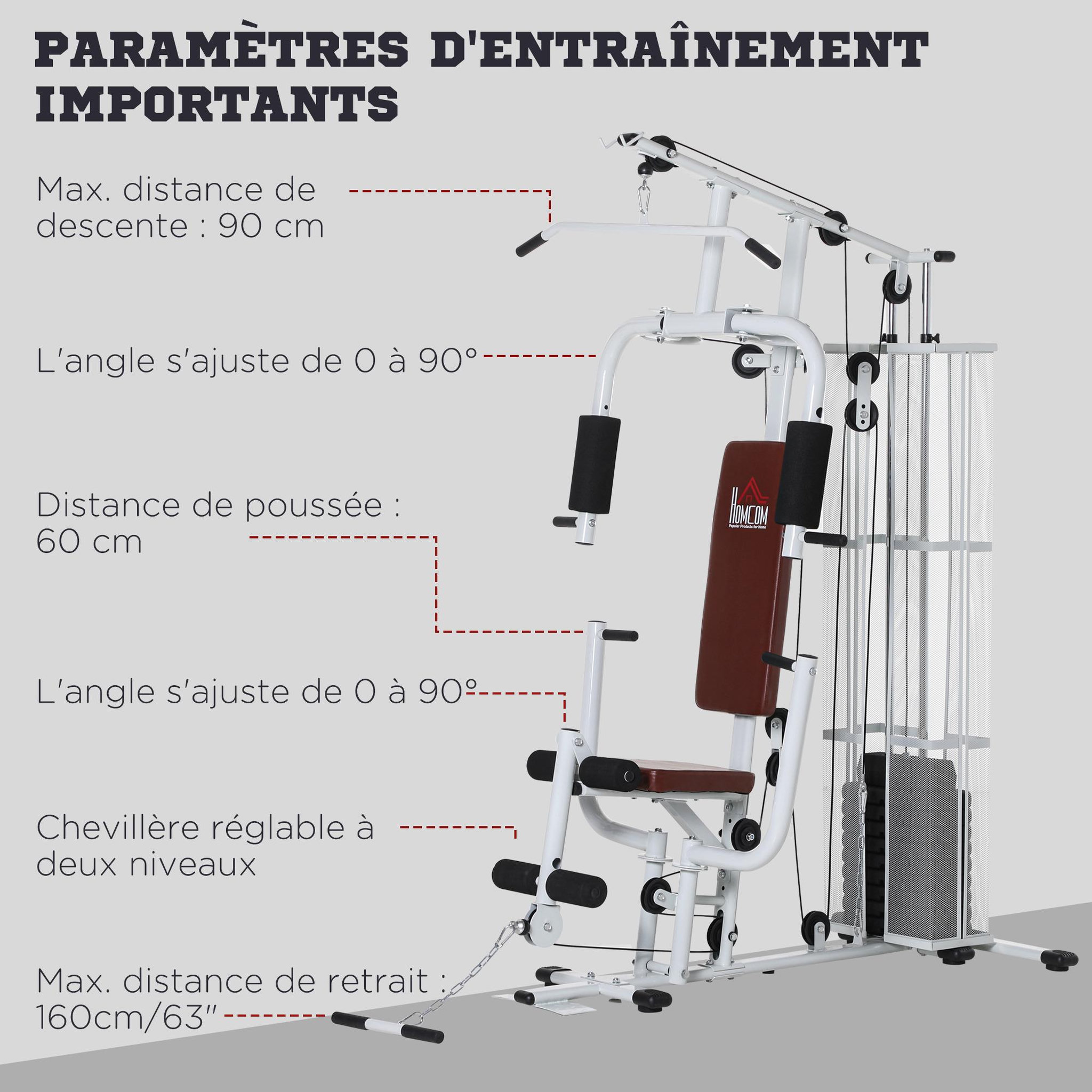 Voir la diapositive 6 : HOMCOM Station de musculation - entrainement complet - développé couché, butterfly, barre latissimus, curler, bande résistance - 10 contrepoids - acier blanc