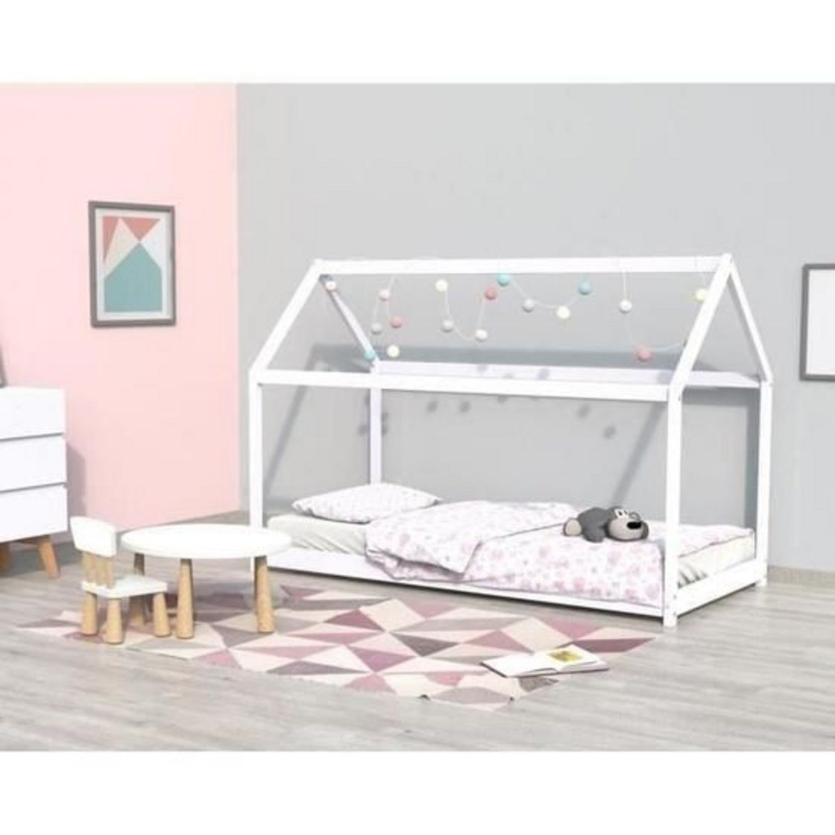 Ensemble Lit cabane en bois massif 90 x 190 cm LOUIS + matelas mousse 90X190 cm DIONE