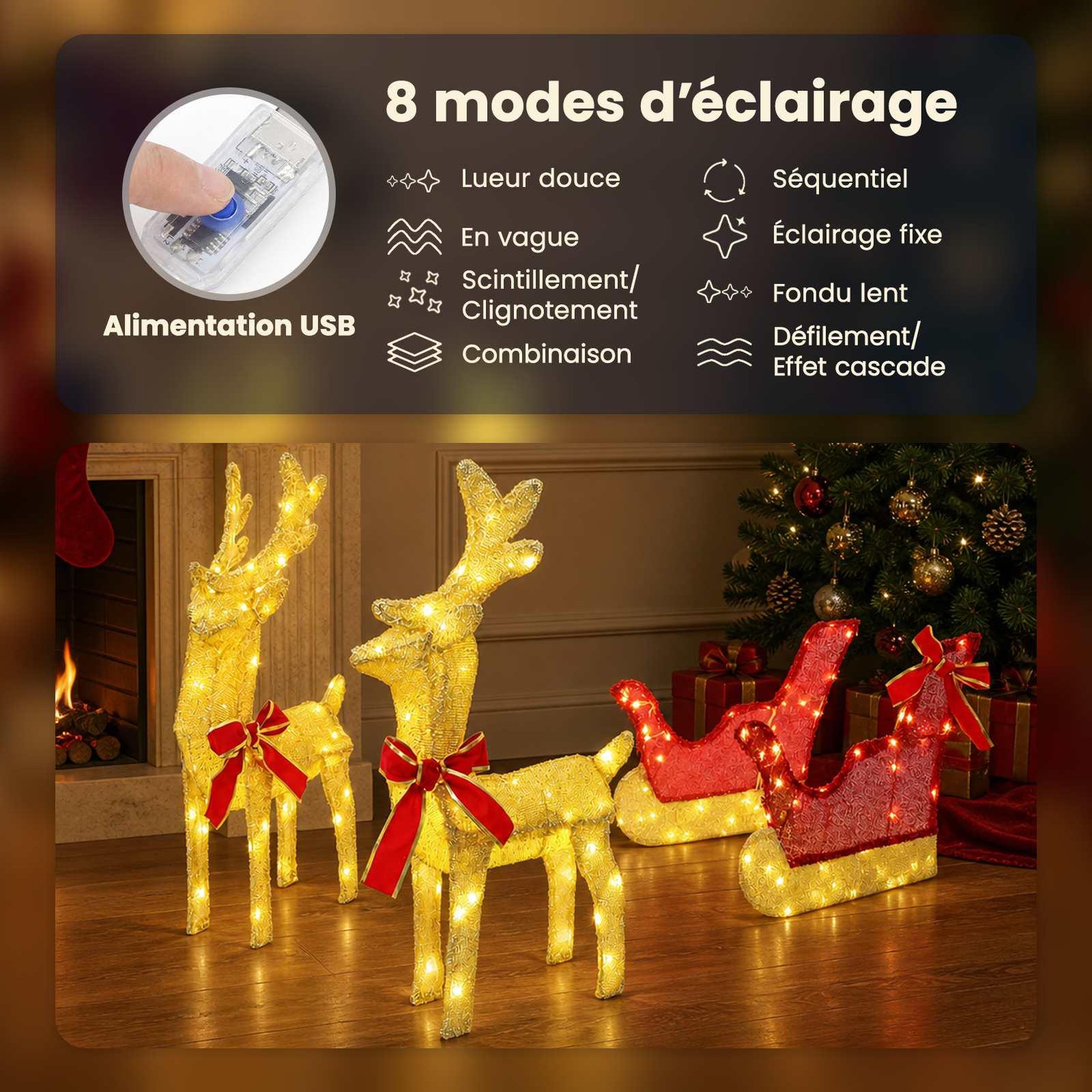 Voir la diapositive 4 : VIDAXL Renne et traîneau de Noël 3D LOVIISA 3 pc 160 LED Blanc chaud