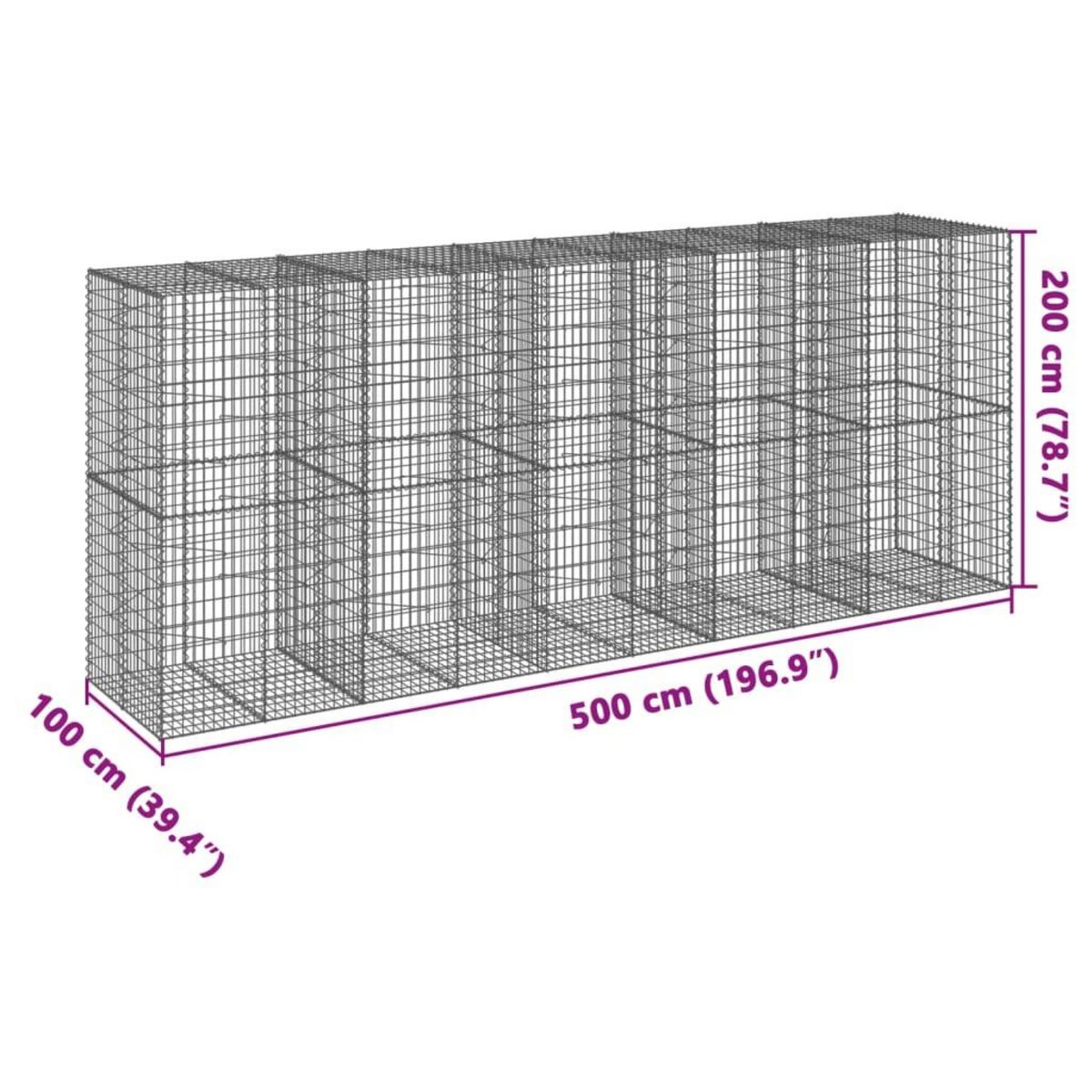 VIDAXL Panier gabion avec couvercle 500x100x200 cm fer galvanise