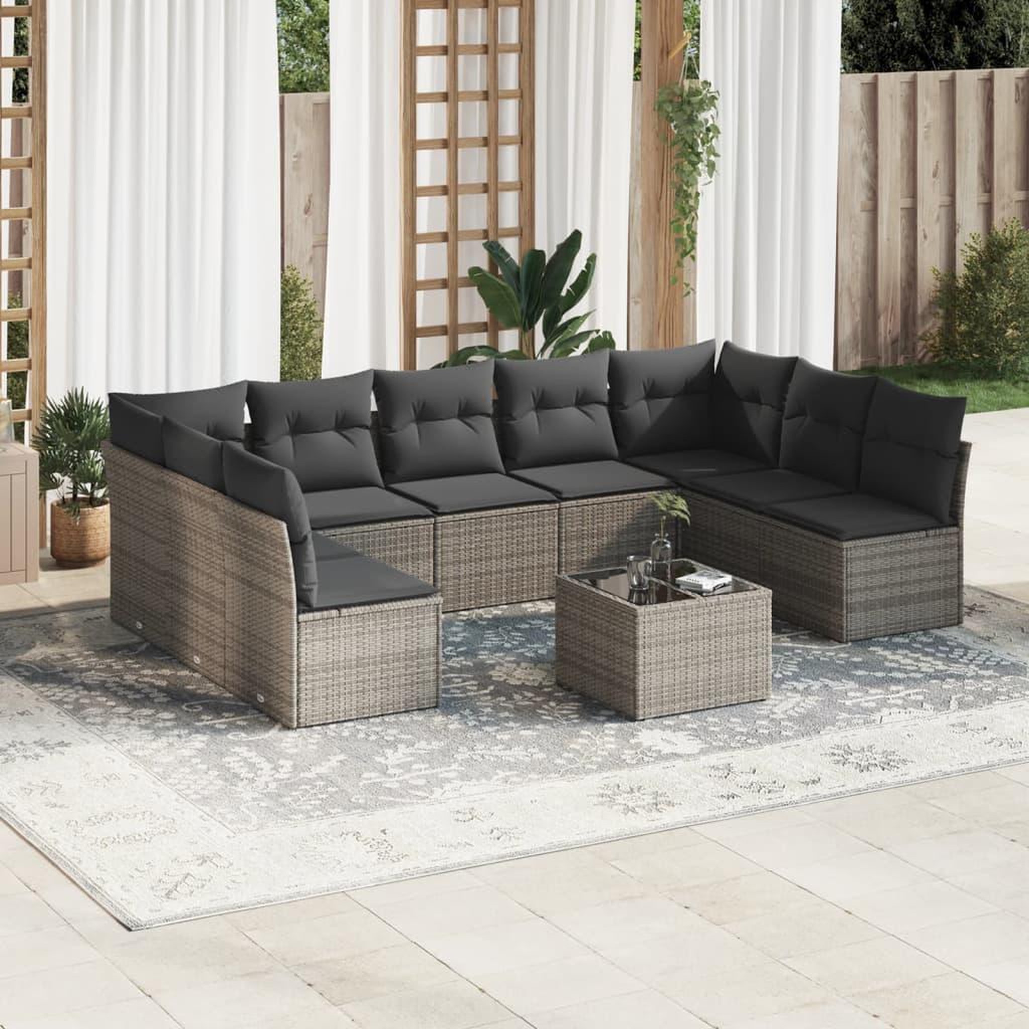 VIDAXL Salon de jardin avec coussins 10 pcs gris resine tressee