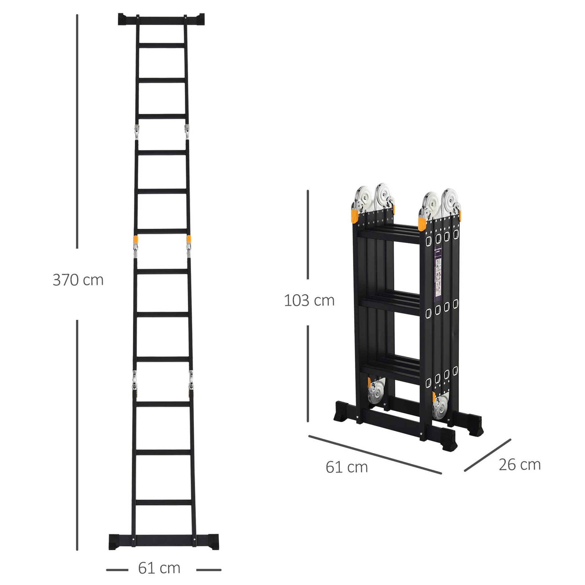 Voir la diapositive 3 : HOMCOM HOMCOM Echelle aluminium pliable multifonction 5 positions 3,7 m 12 échelons certification NF EN131 charge max. 150 Kg noir
