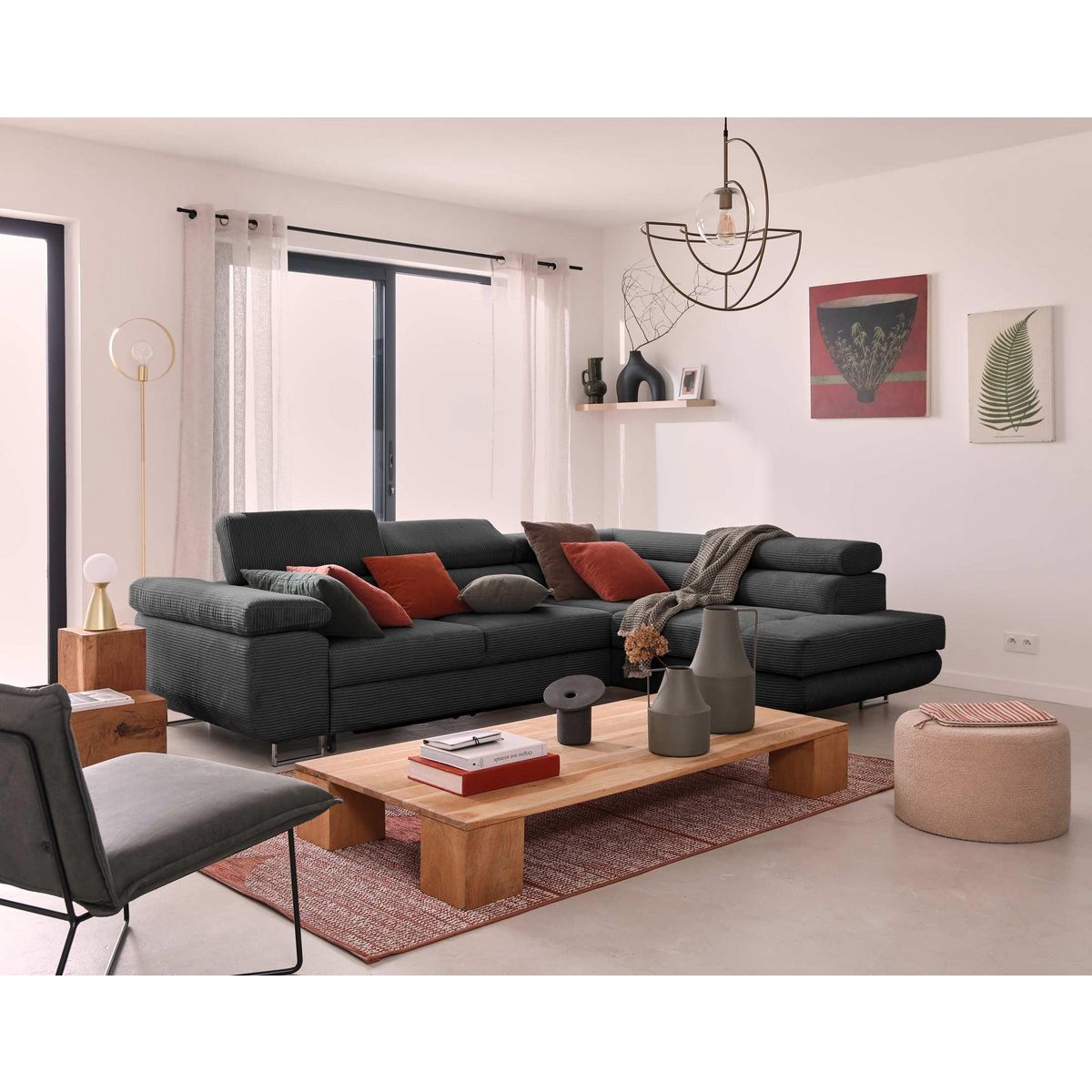 BEST MOBILIER Zaria - canapé d'angle droit - convertible avec coffre et têtières réglables - 5 places - en velours côtelé