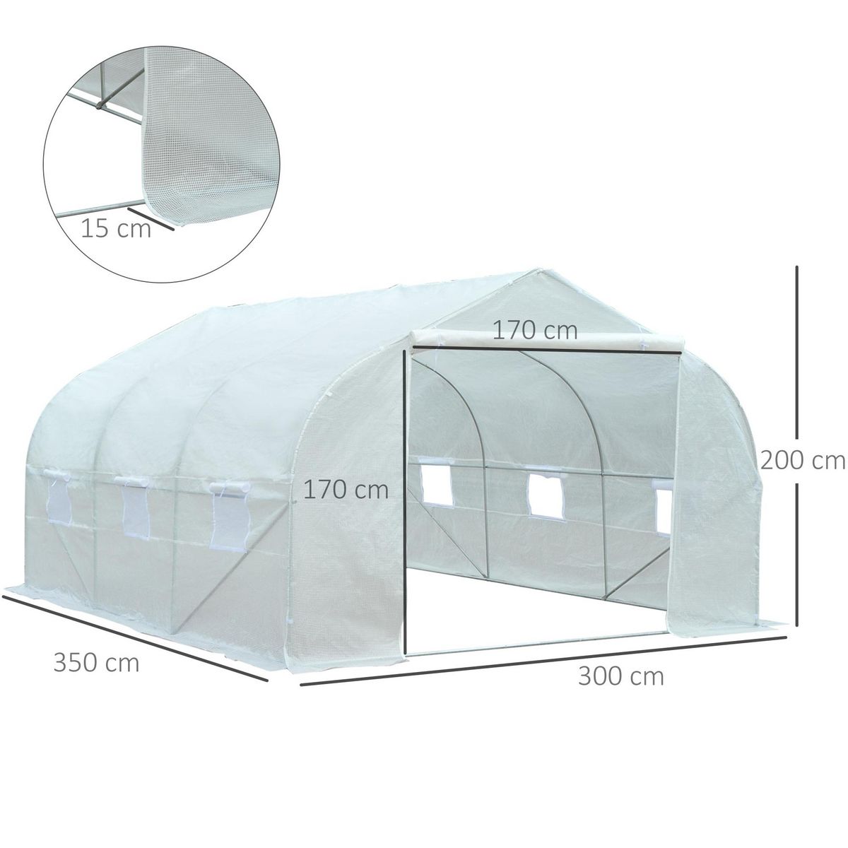OUTSUNNY Serre tunnel de jardin 3,5 x 3 x 2 m grande taille 6 fenêtres blanc