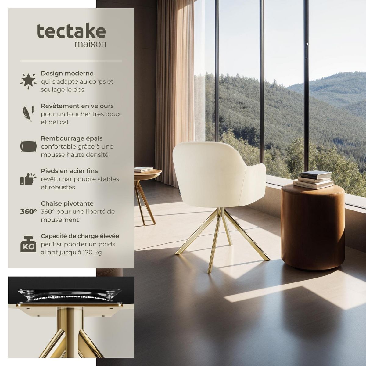tectake Chaise pivotante en velours rembourrée crème/or Lot de 4