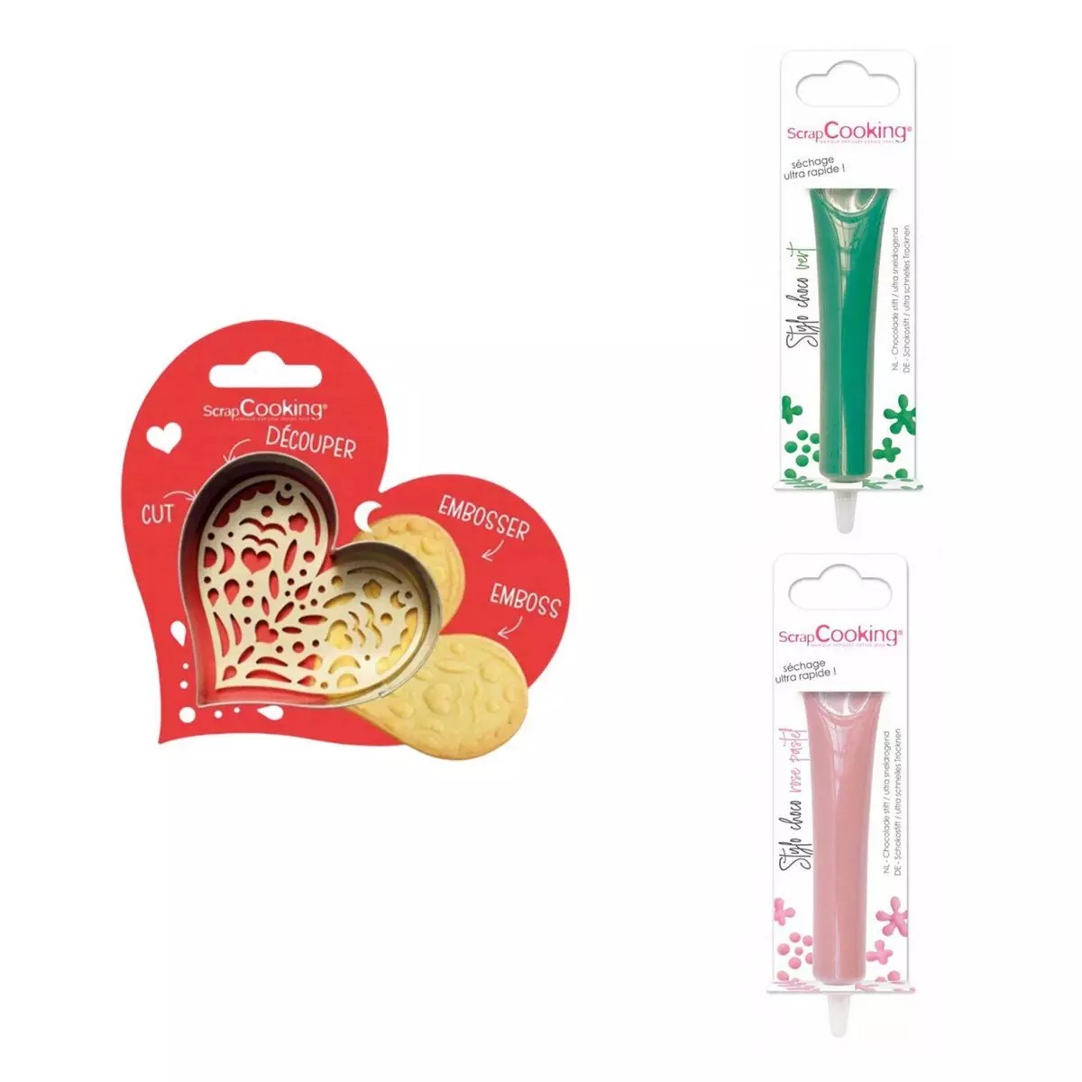 SCRAPCOOKING Kit pour biscuit en relief Coeur + 2 Stylos au chocolat vert et rose pastel