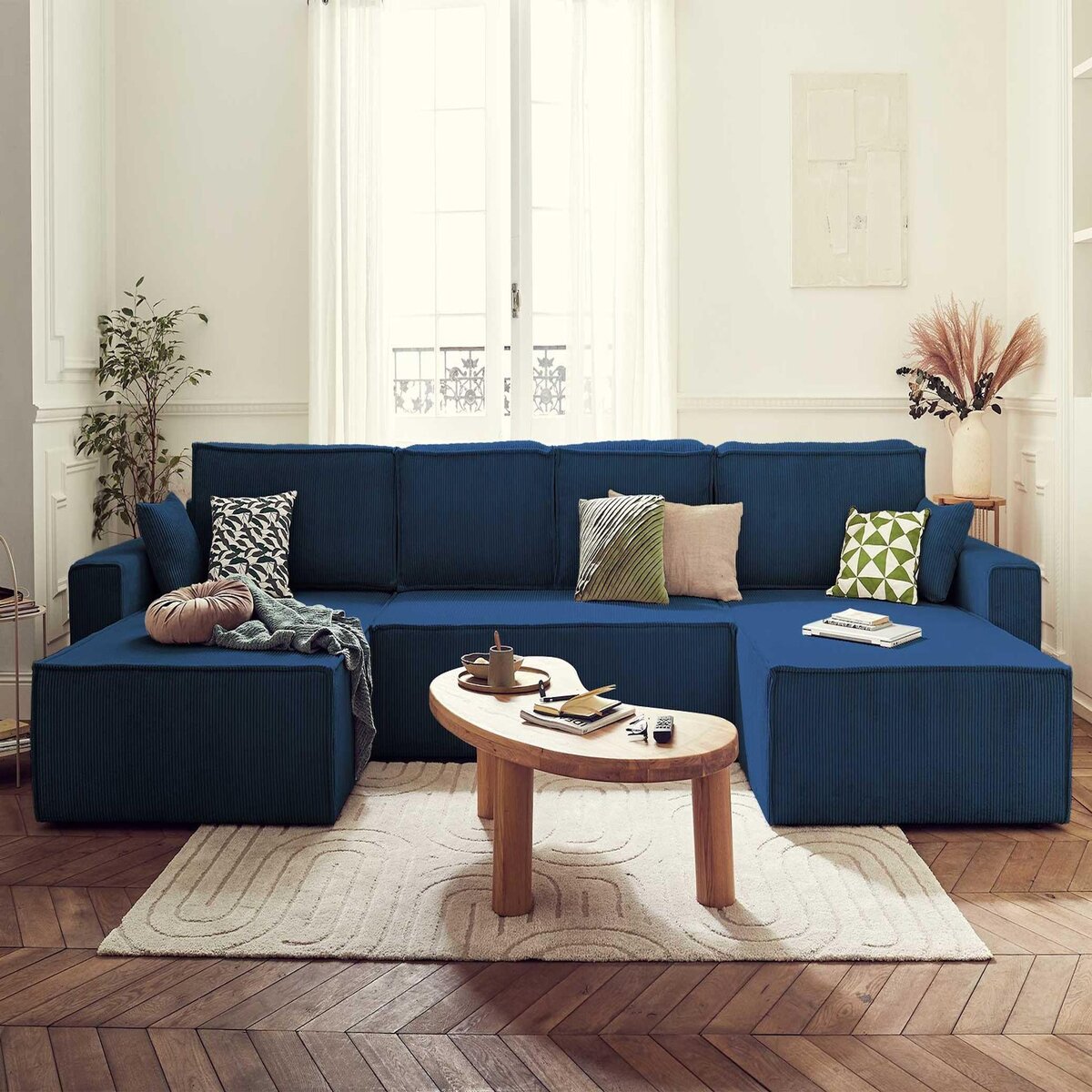 BEST MOBILIER Dellia - canapé panoramique en u - 7 places - convertible - avec coffre - en velours côtelé