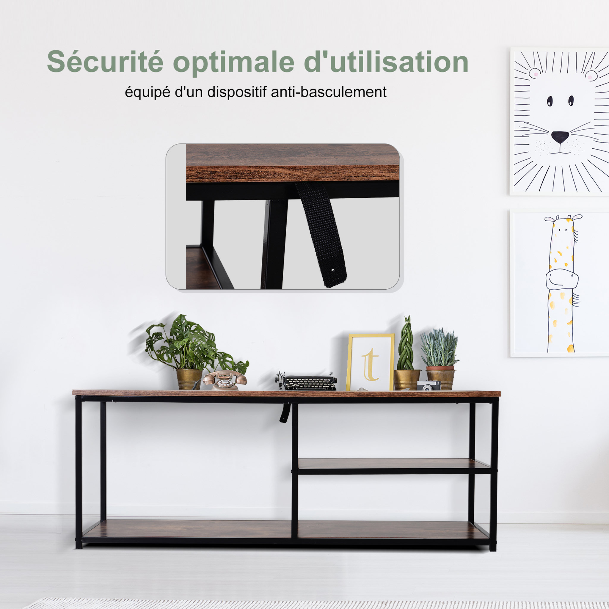Voir la diapositive 5 : HOMCOM Meuble TV design industriel dim. 120L x 40l x 45H cm grand plateau 2 étagères panneaux particules coloris boisé métal noir